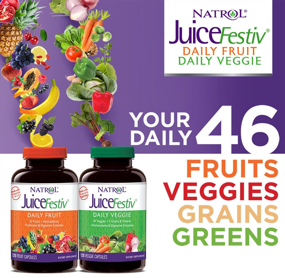 Juice Festiv capsules showing organic fruit and vegetable blend ingredients