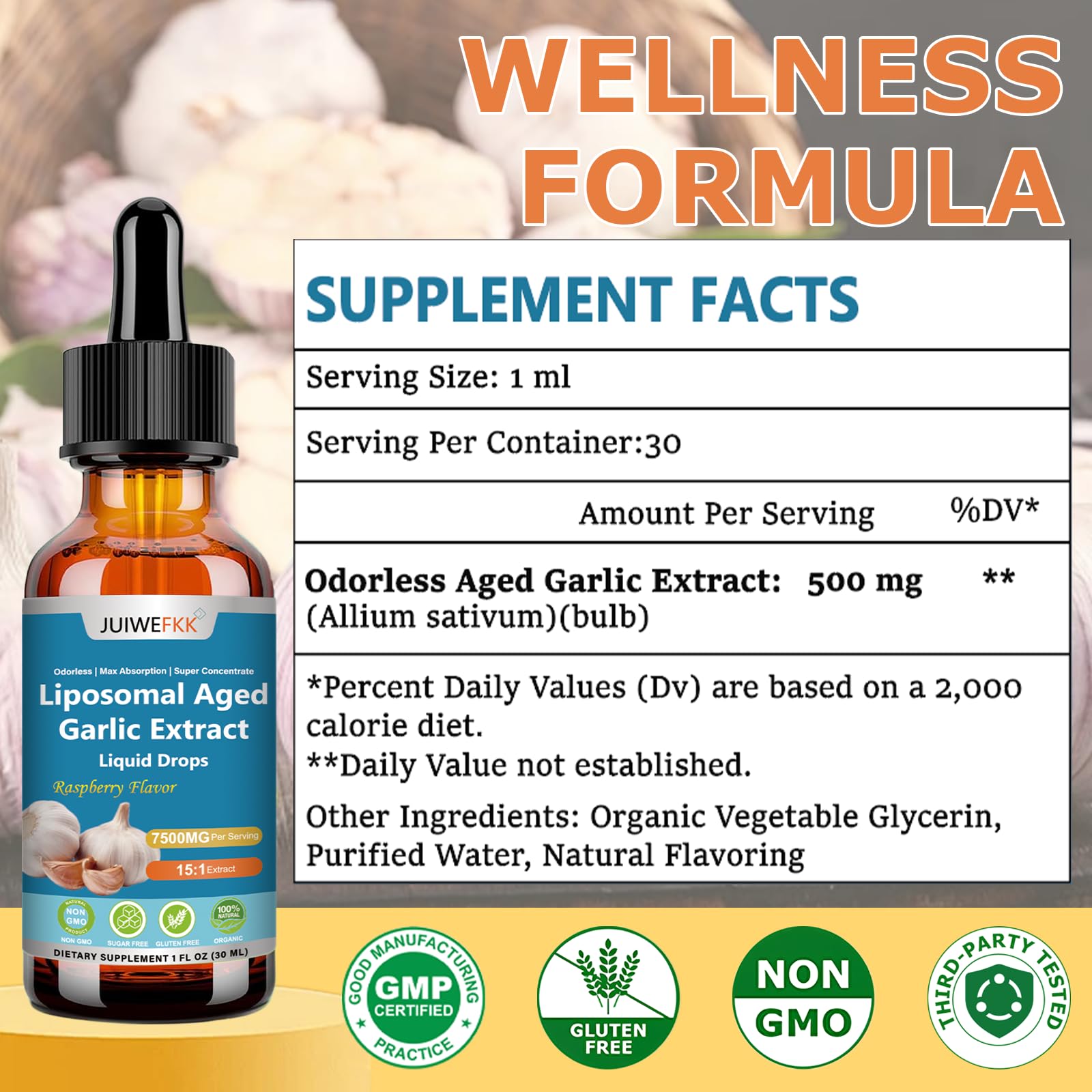 JUIWEFKK Aged Garlic Extract Liquid Drops 500mg bottle side view