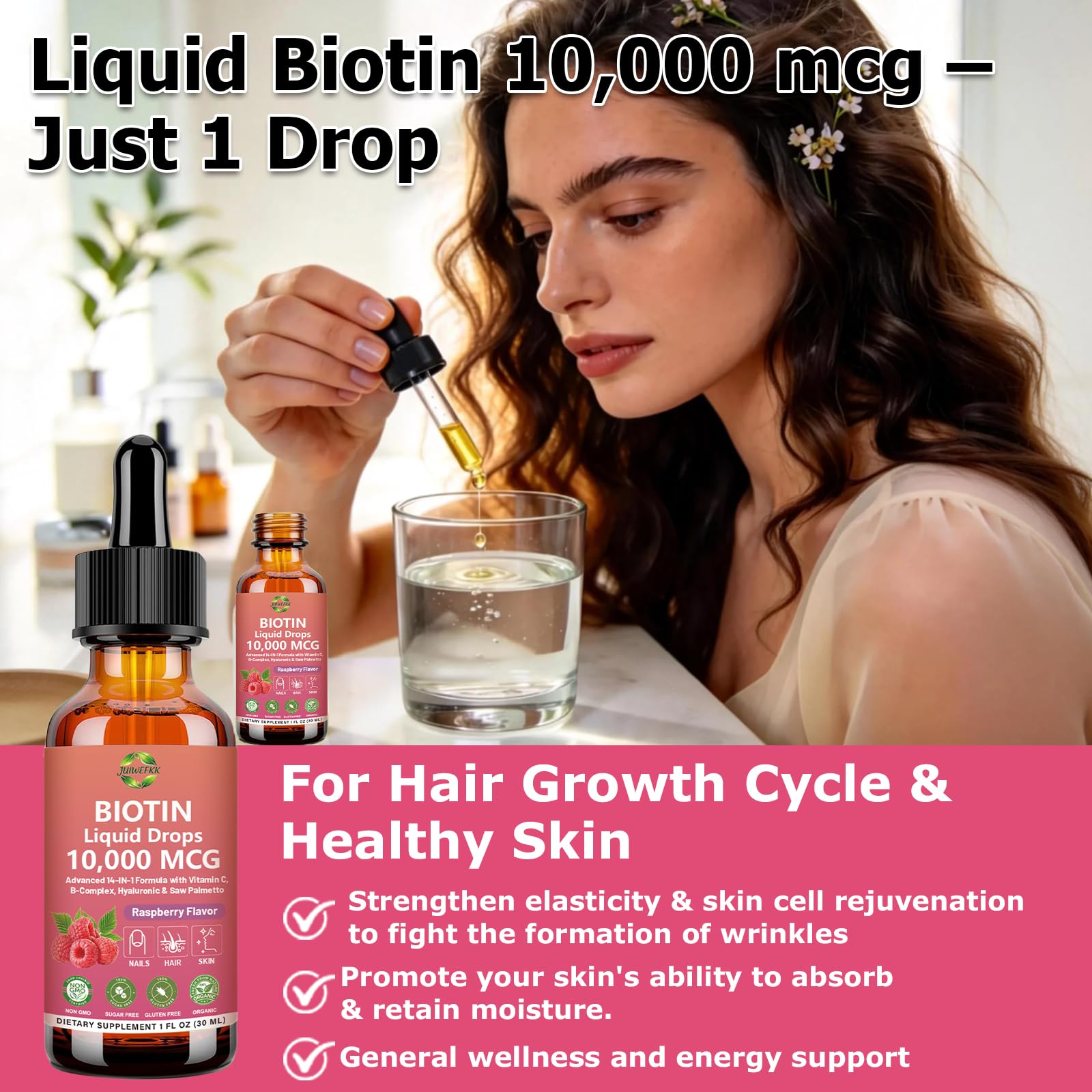 JUIWEFKK Liquid Biotin Drops back view showing ingredients