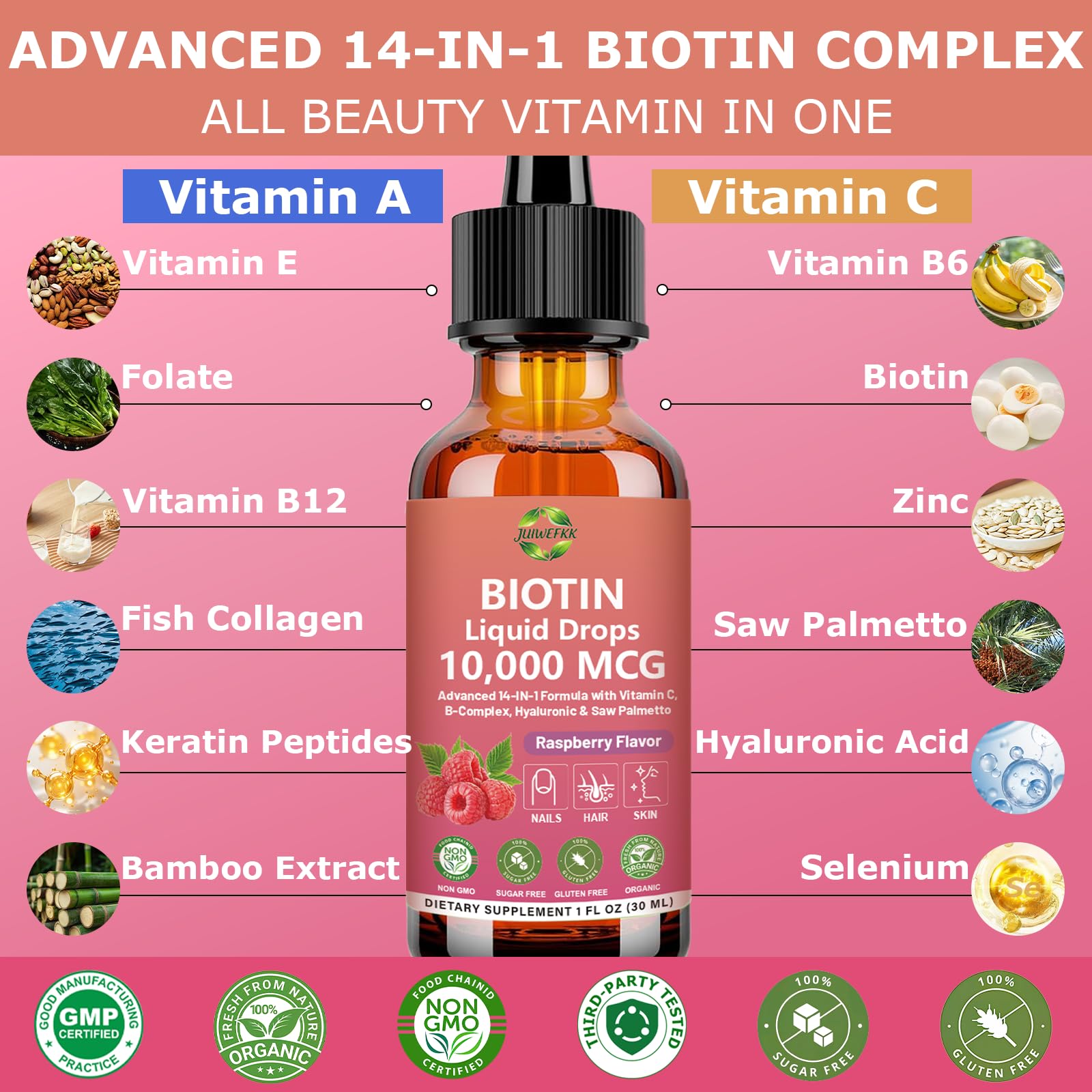 JUIWEFKK Liquid Biotin Drops packaging side view