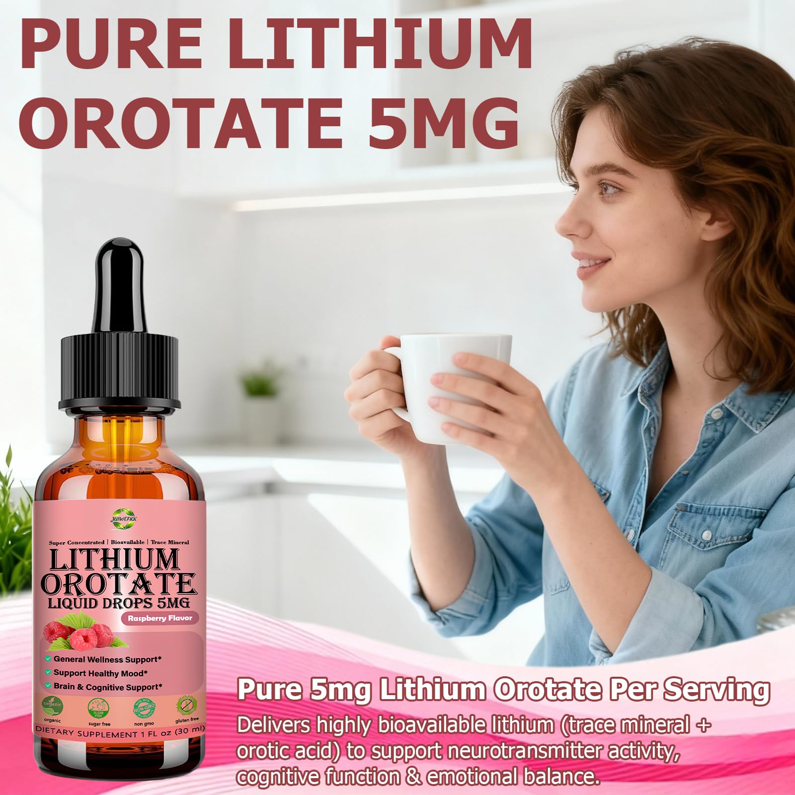 JUIWEFKK Lithium Orotate Liquid Drops 5mg bottle with dropper