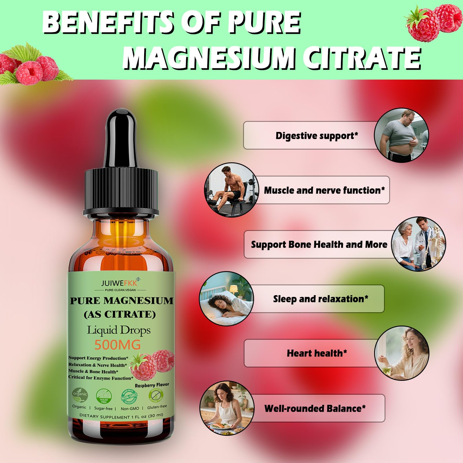 JUIWEFKK Magnesium Citrate Liquid Drops 500mg raspberry flavour