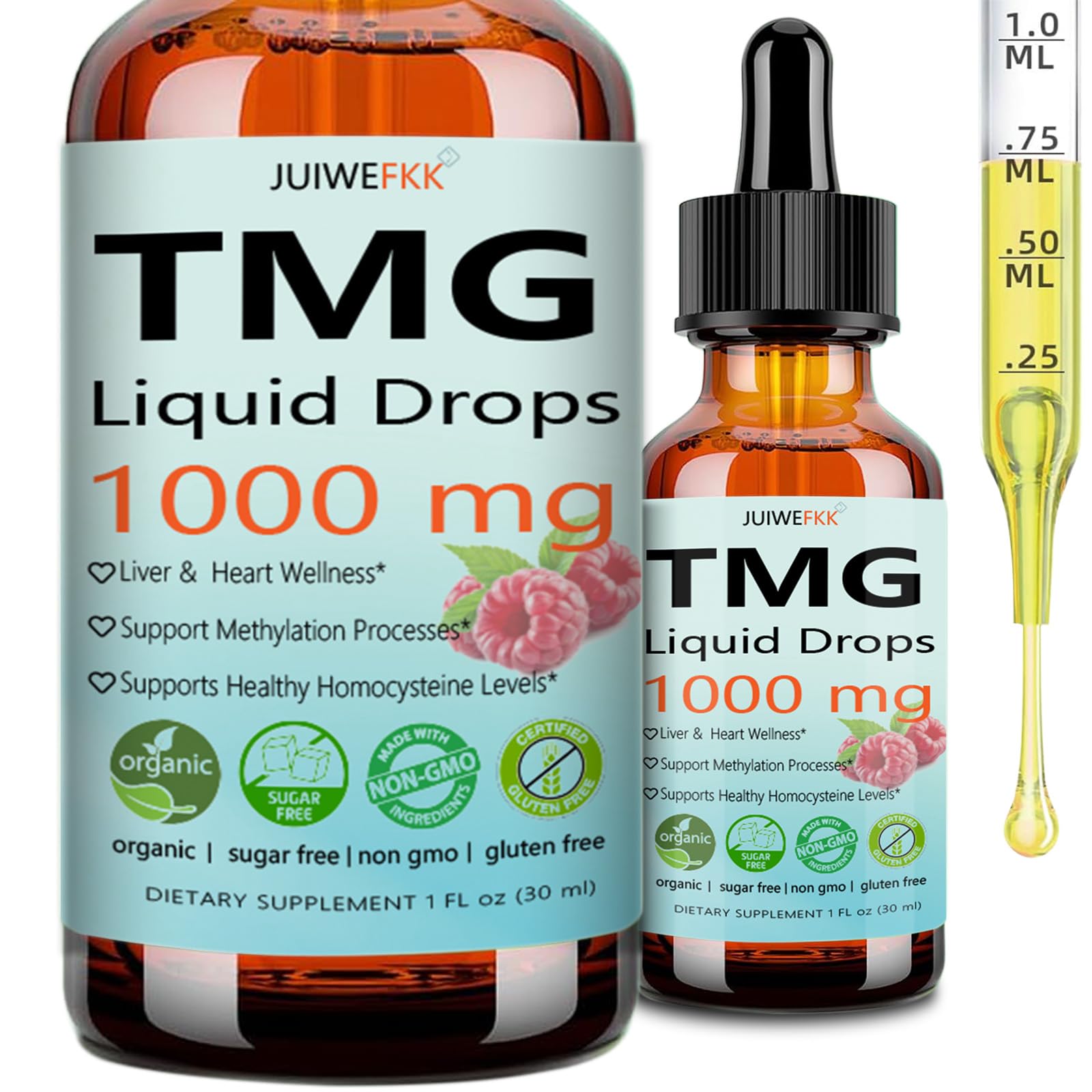 JUIWEFKK TMG Liquid Supplement bottle front view with raspberry flavour label