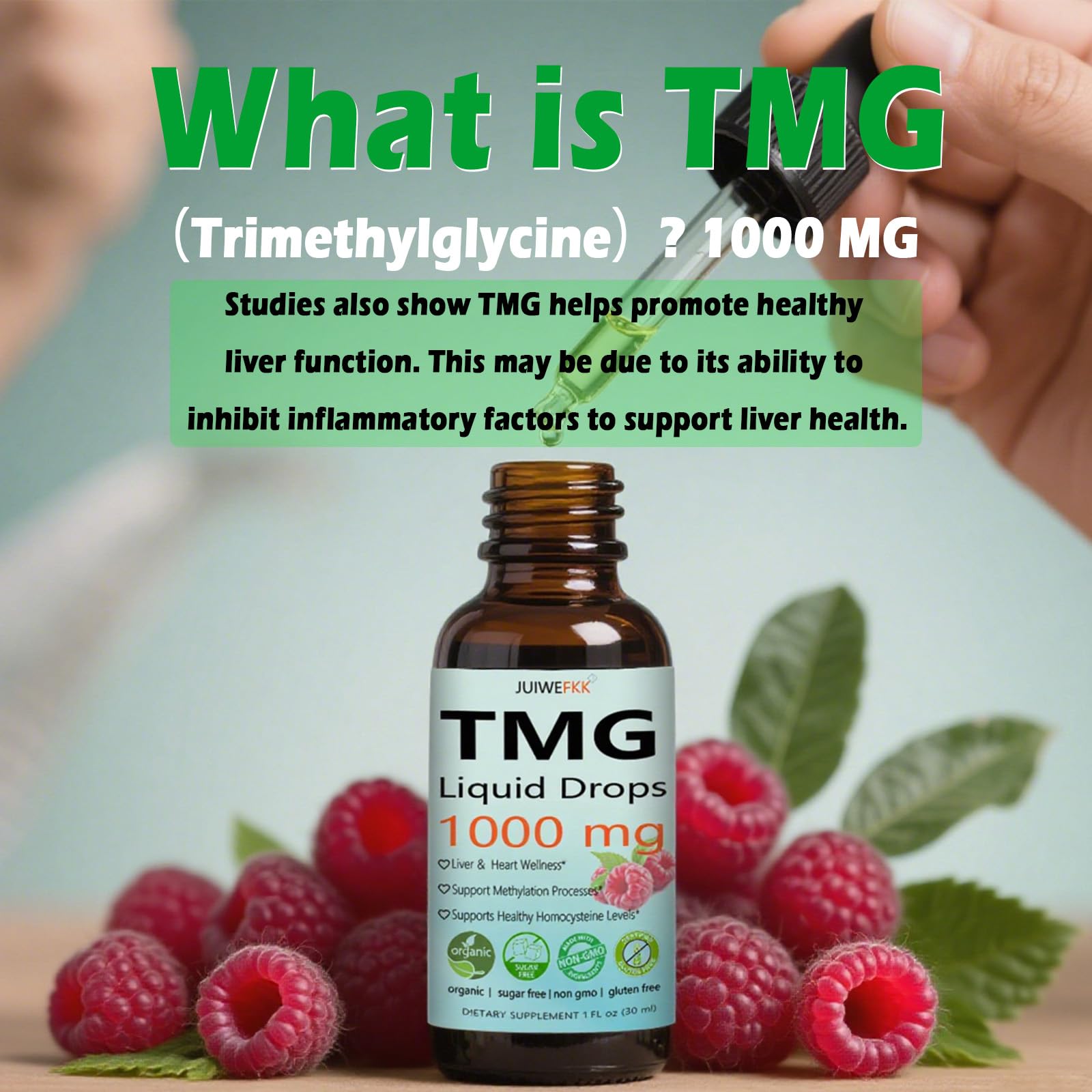 JUIWEFKK TMG Liquid Supplement bottle side view showing dosage information