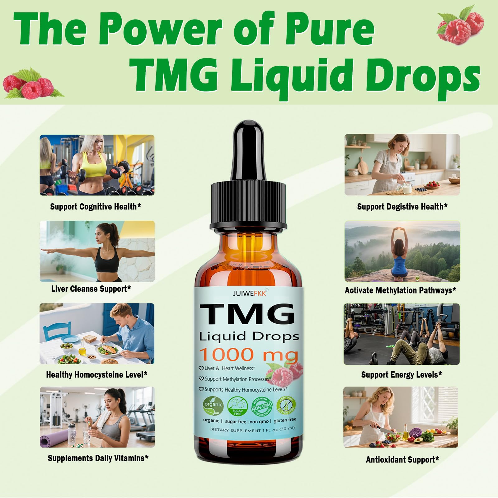 JUIWEFKK TMG Liquid Supplement drops being poured into a glass