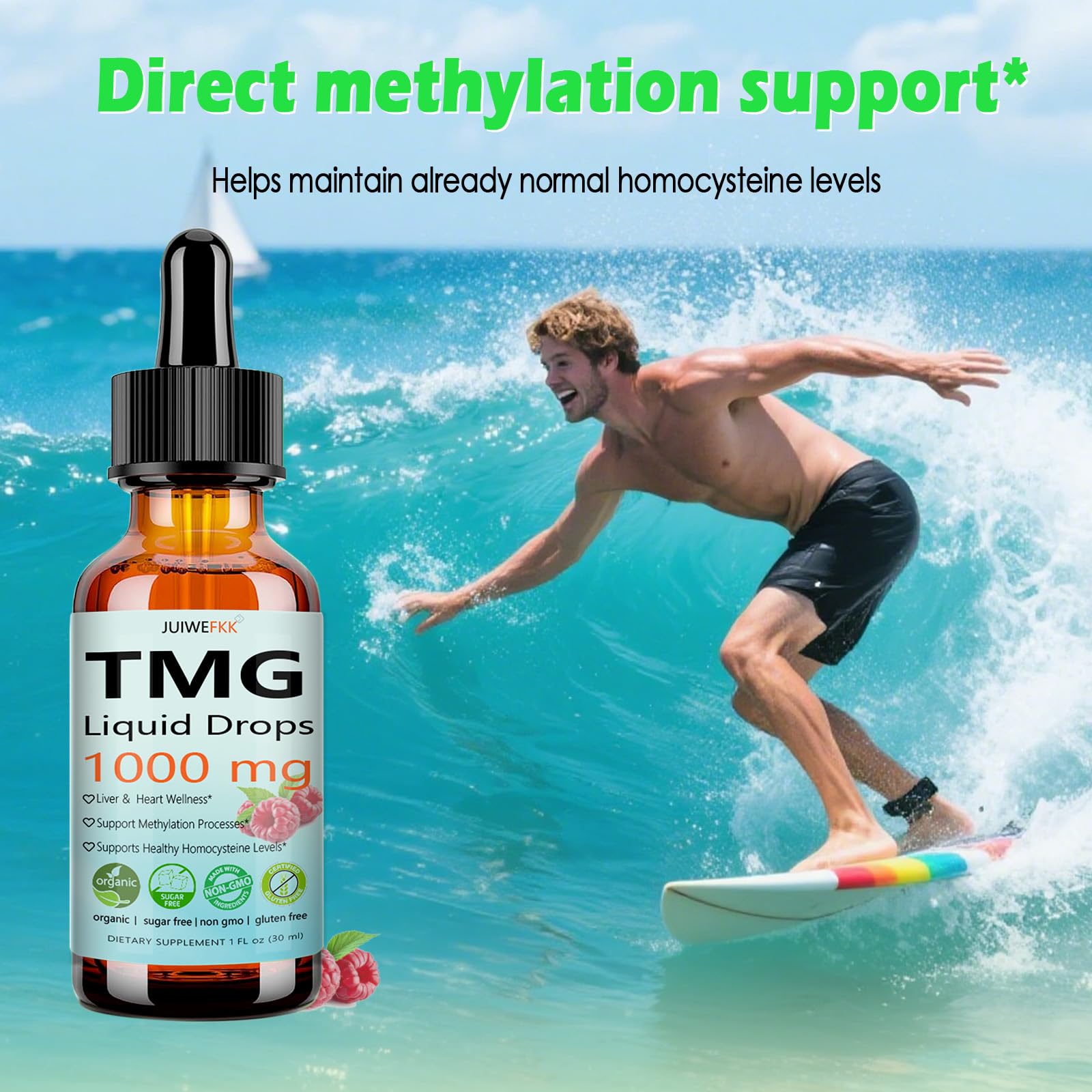 JUIWEFKK TMG Liquid Supplement with fresh raspberries on a wooden table
