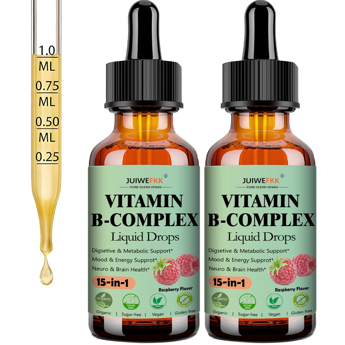 JUIWEFKK Vitamin B Complex Liquid Drops front view with raspberry flavour