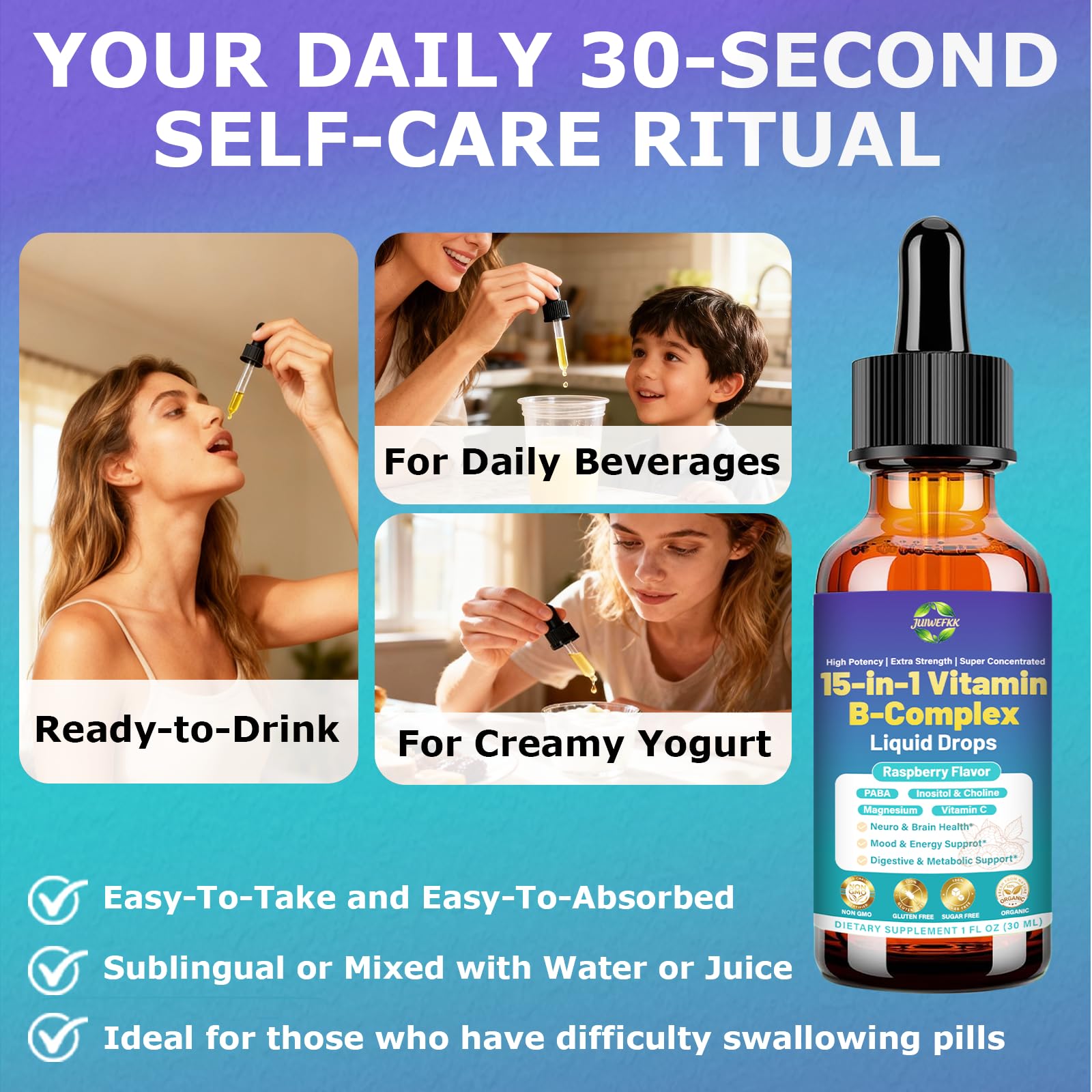 JUIWEFKK Vitamin B Complex Liquid Drops in a lifestyle setting