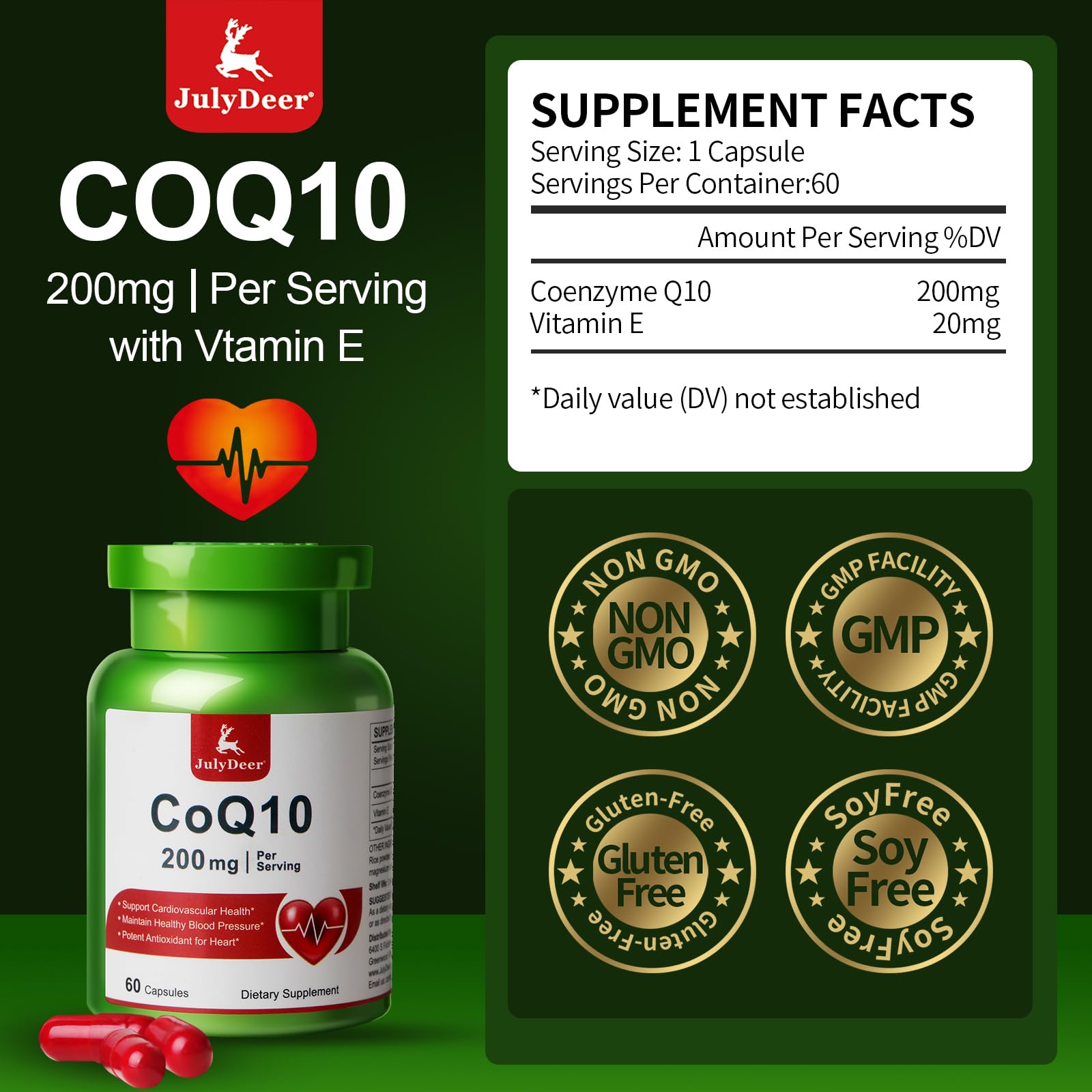 JulyDeer CoQ10 Capsules 200mg with Vitamin E back view