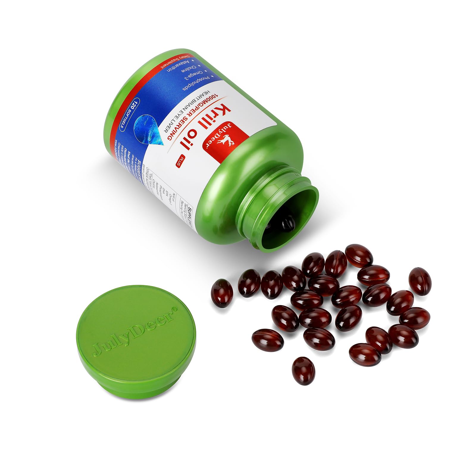 JulyDeer Krill Oil Omega-3 Softgels 1000mg bottle with background