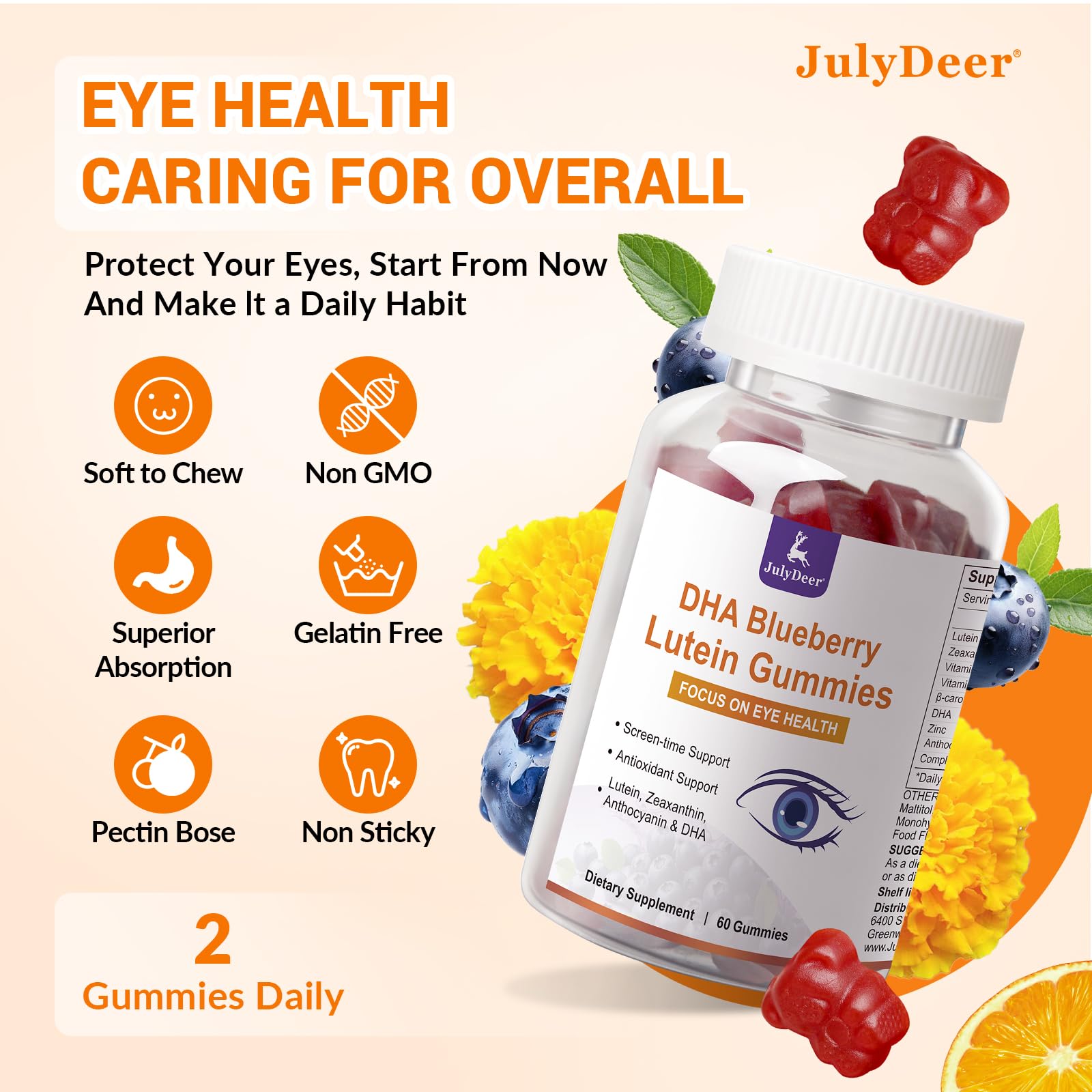 JulyDeer Lutein Gummies packaging with a vibrant background