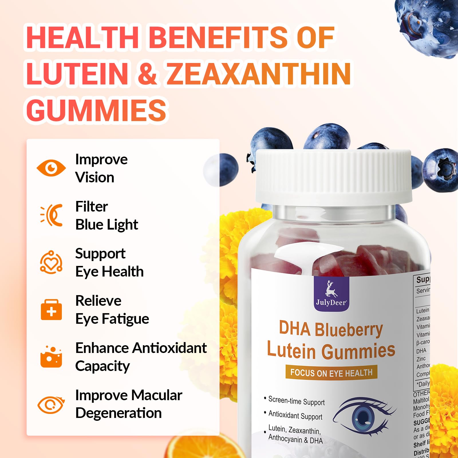 JulyDeer Lutein Gummies side view with ingredients