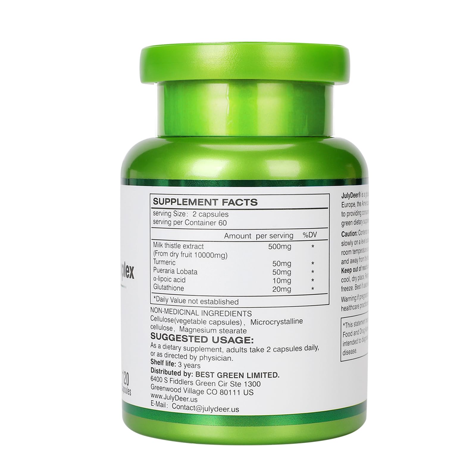 JulyDeer Milk Thistle Complex 630mg capsule bottle side view
