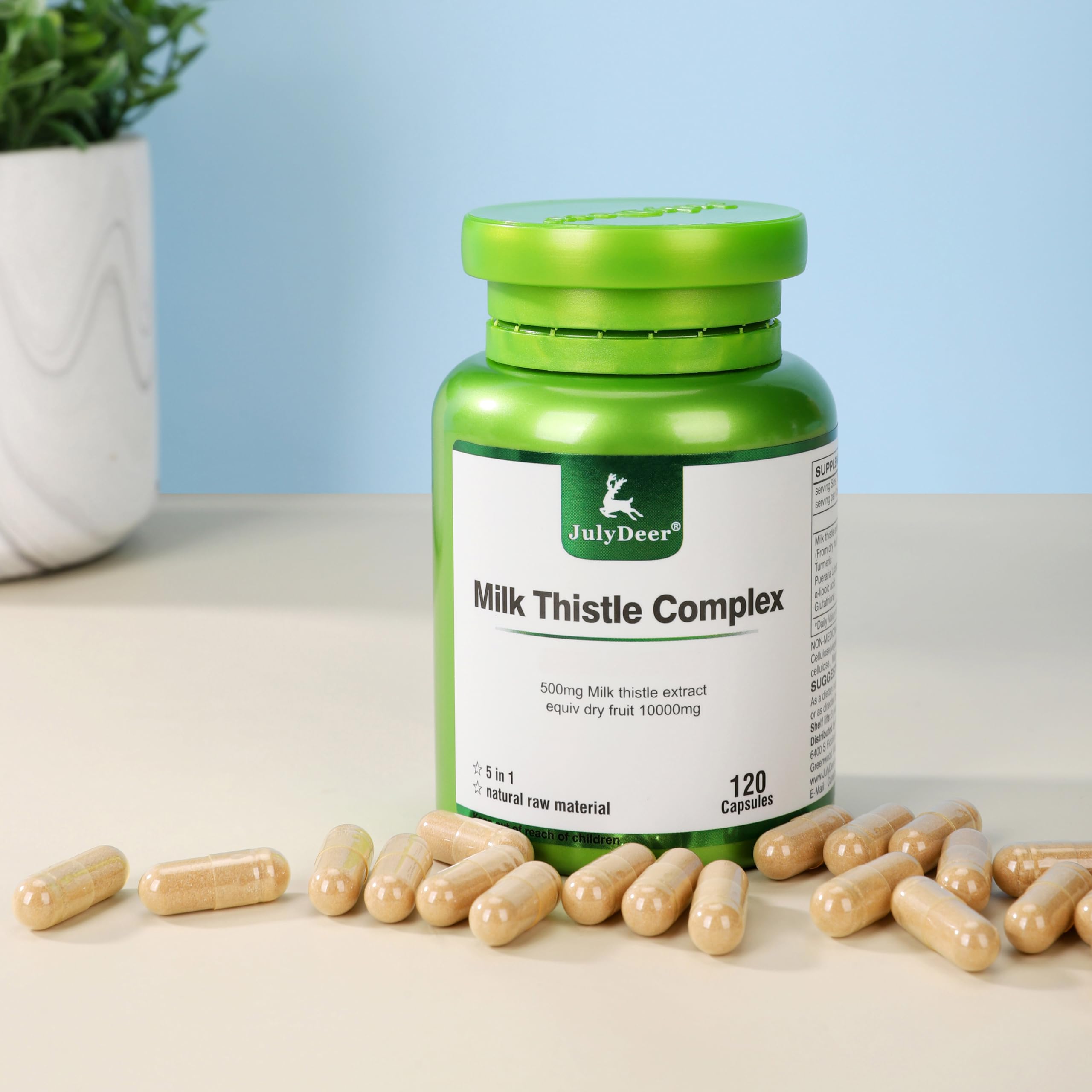 JulyDeer Milk Thistle Complex 630mg capsules on table