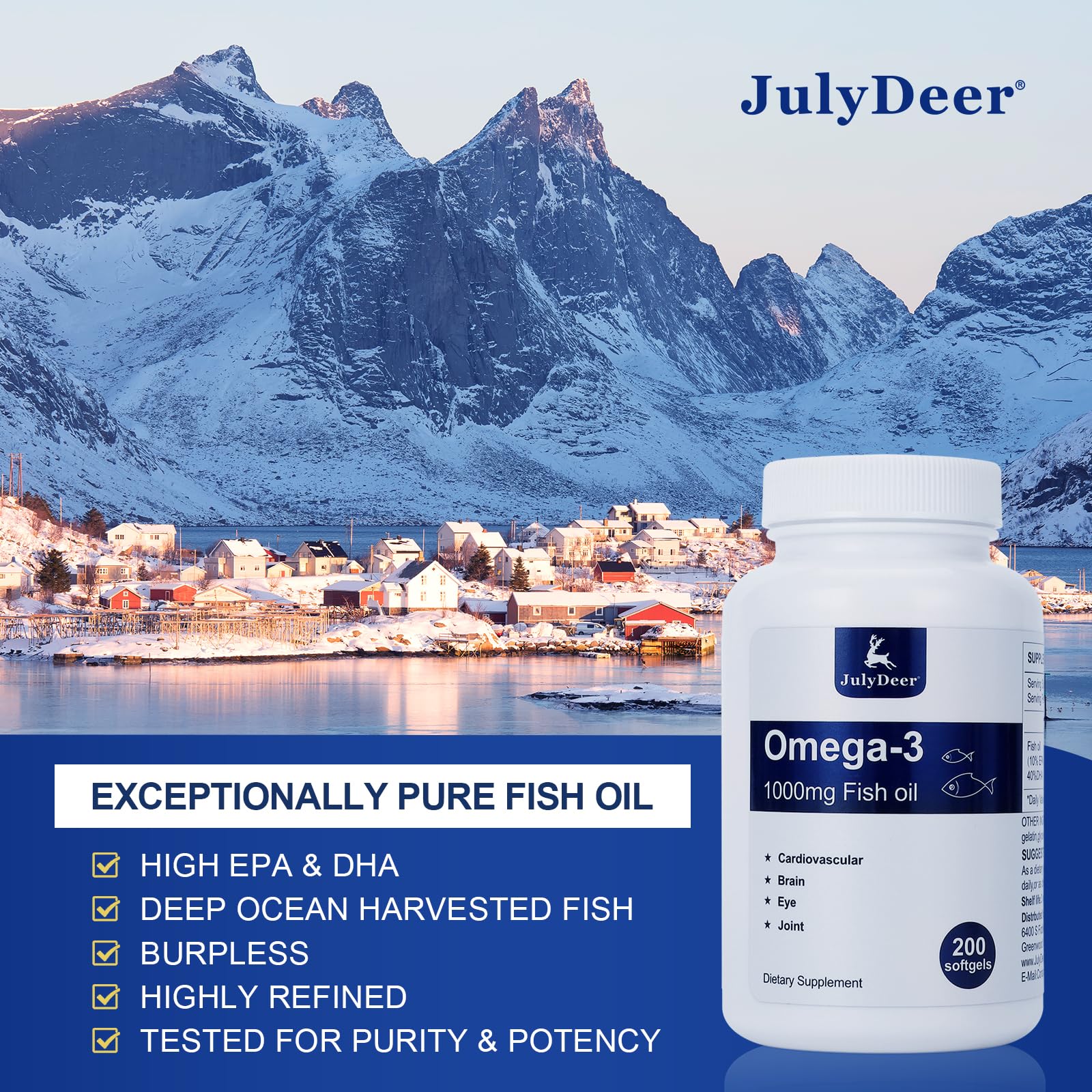 JulyDeer Omega 3 Fish Oil 200 softgels side view