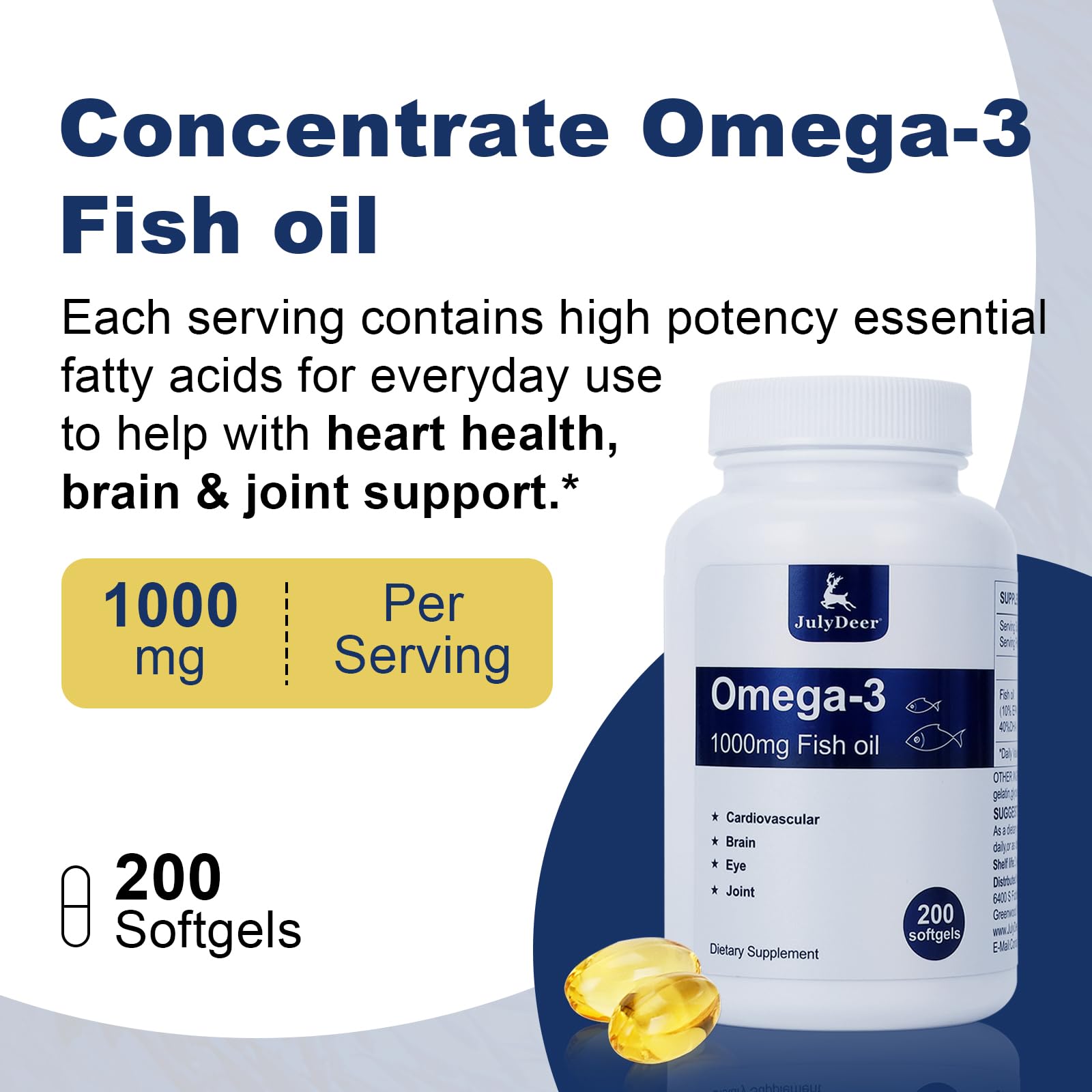 JulyDeer Omega 3 Fish Oil softgel bottle with softgels on a table