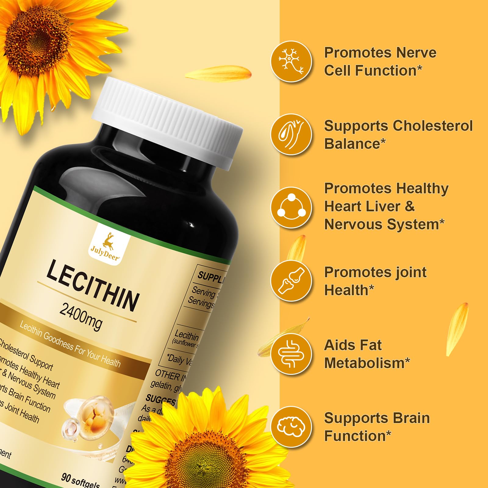 JulyDeer Sunflower Lecithin Softgel Capsules 2400mg close-up of softgel