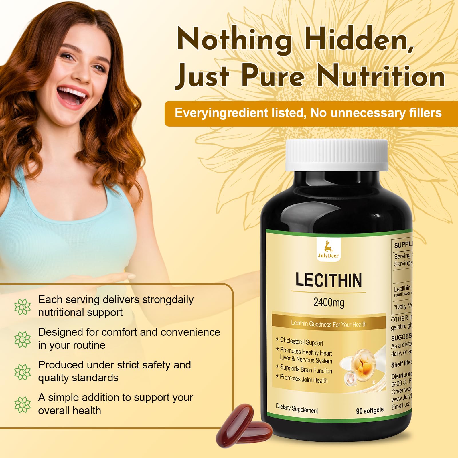 JulyDeer Sunflower Lecithin Softgel Capsules 2400mg side view