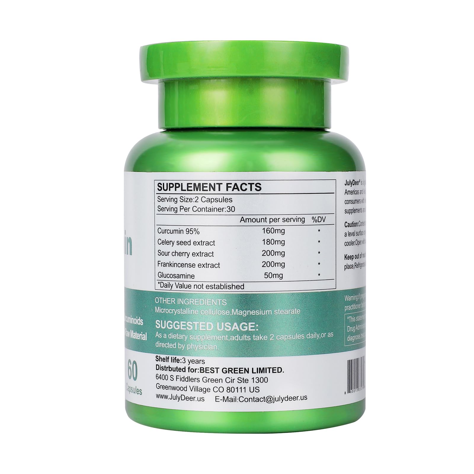 JulyDeer Turmeric Curcumin Capsules 160mg bottle side view
