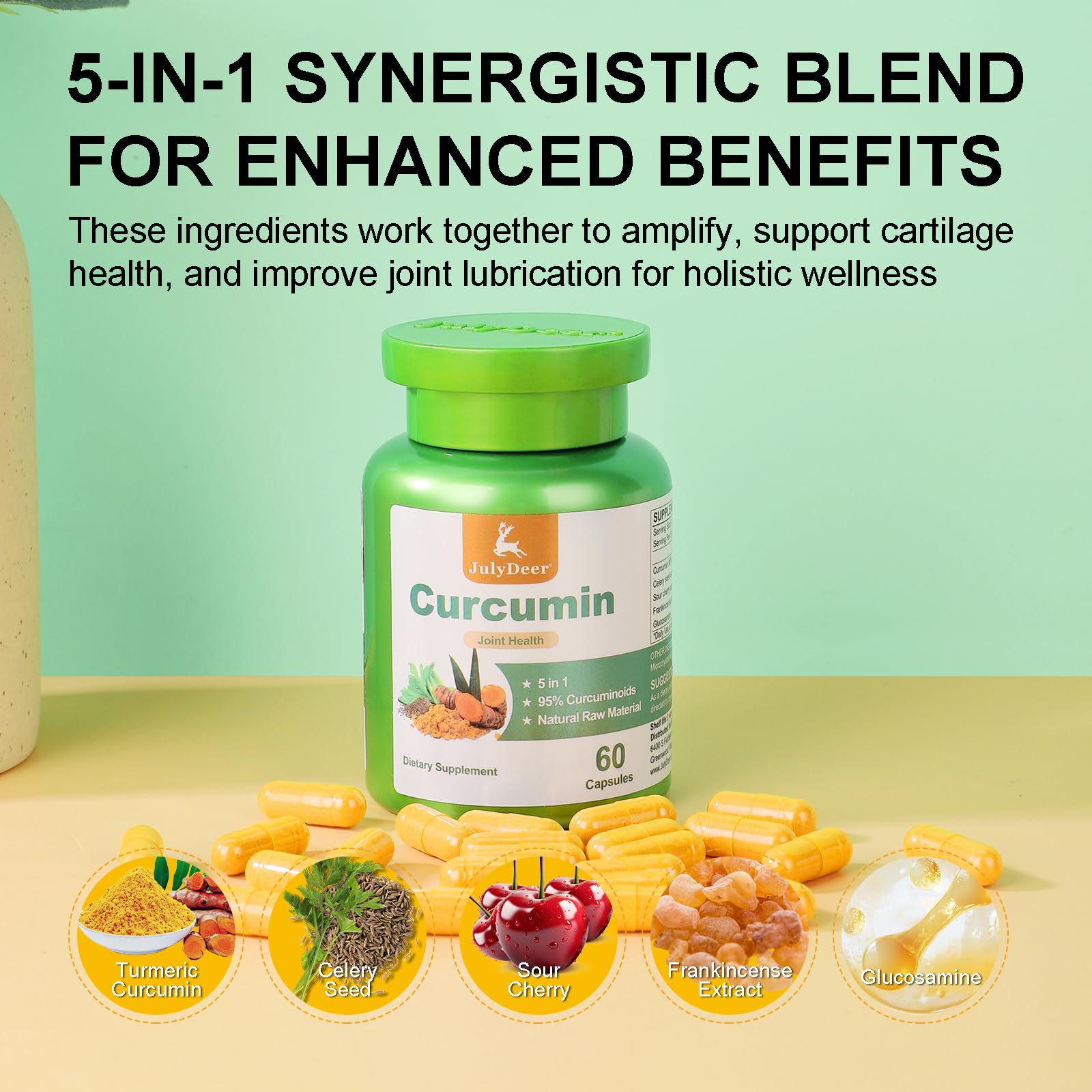 JulyDeer Turmeric Curcumin Capsules bottle with a natural background