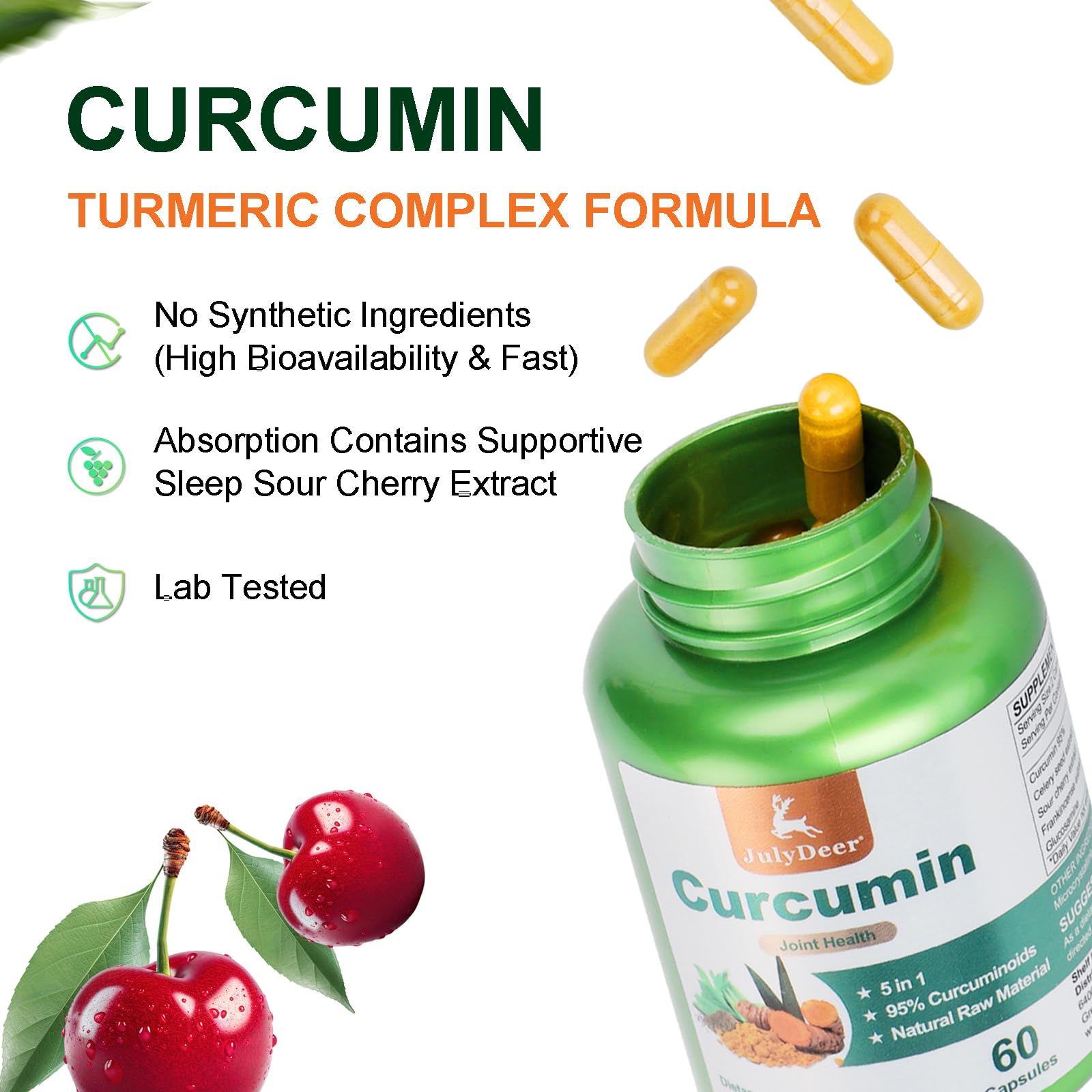 JulyDeer Turmeric Curcumin Capsules displayed on a wooden table