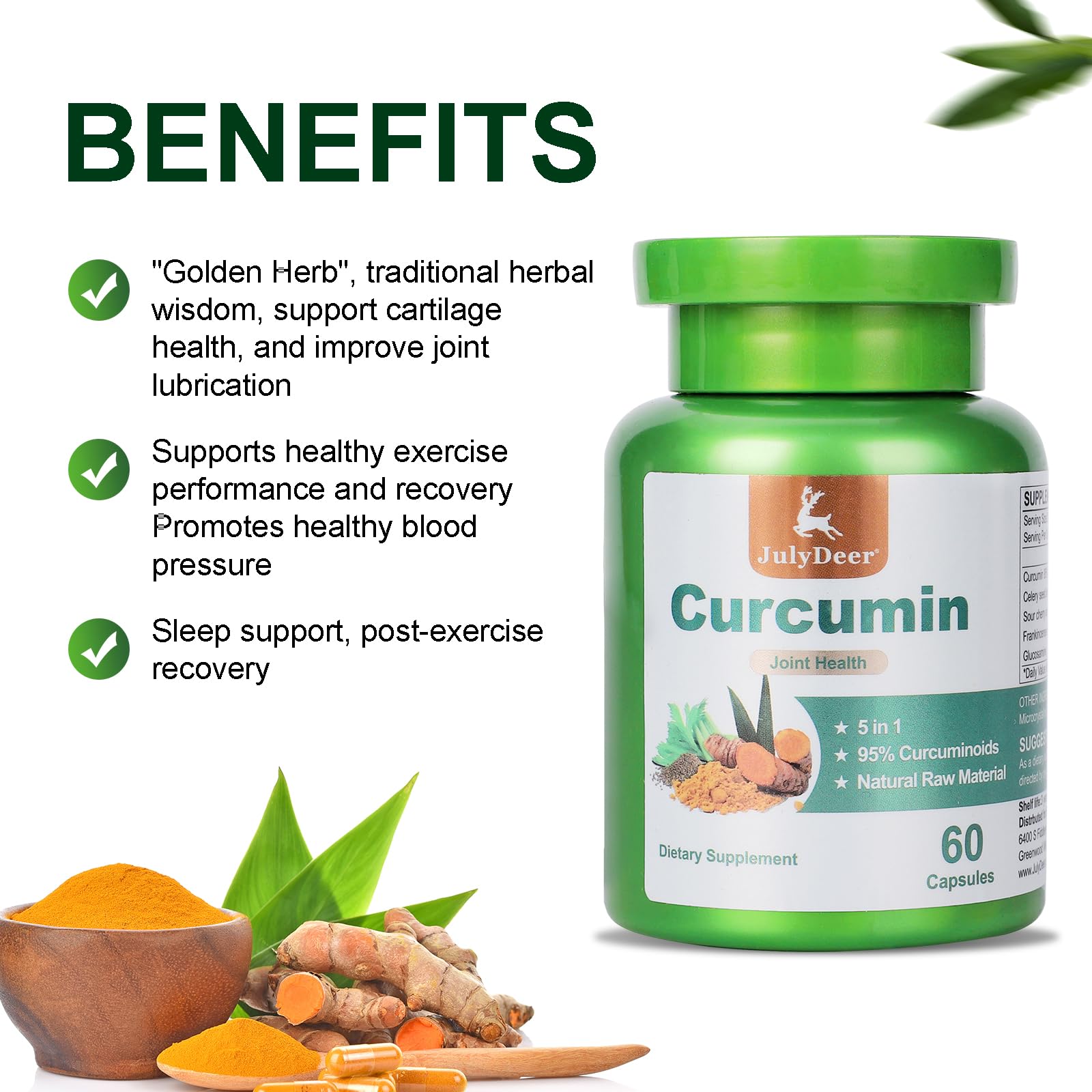 JulyDeer Turmeric Curcumin Capsules with a measuring scoop