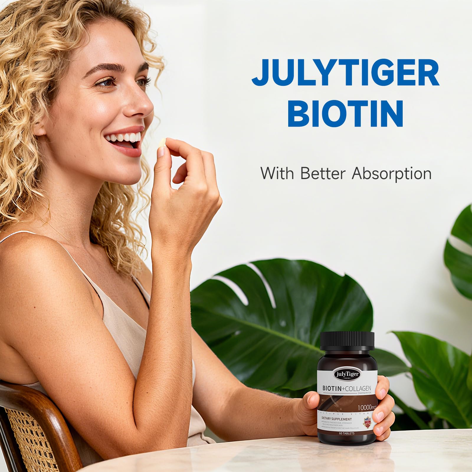 julytiegr Biotin Tablets 10000mcg on a wooden table