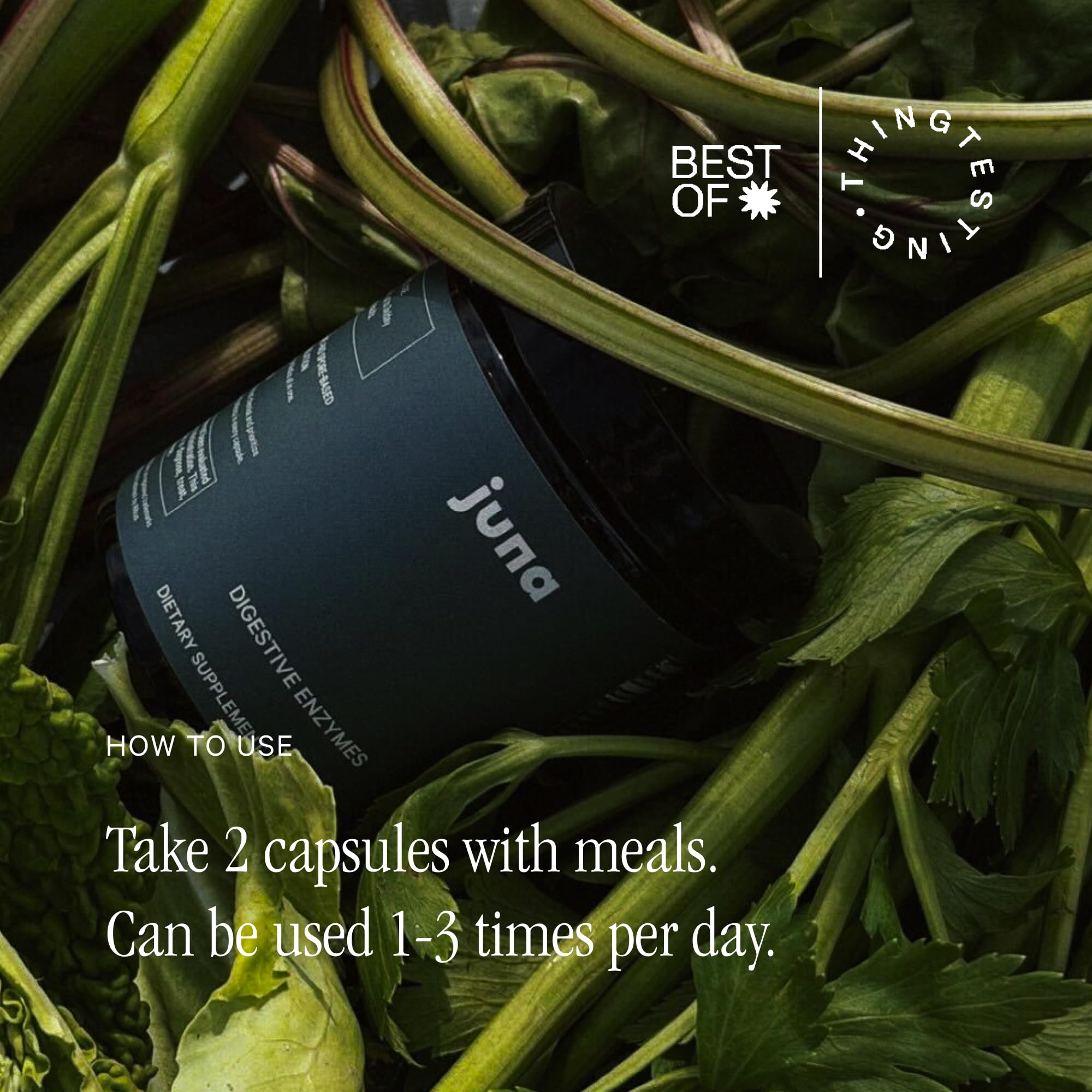 Juna Multi-Enzymes Daily Supplement alongside fresh botanicals