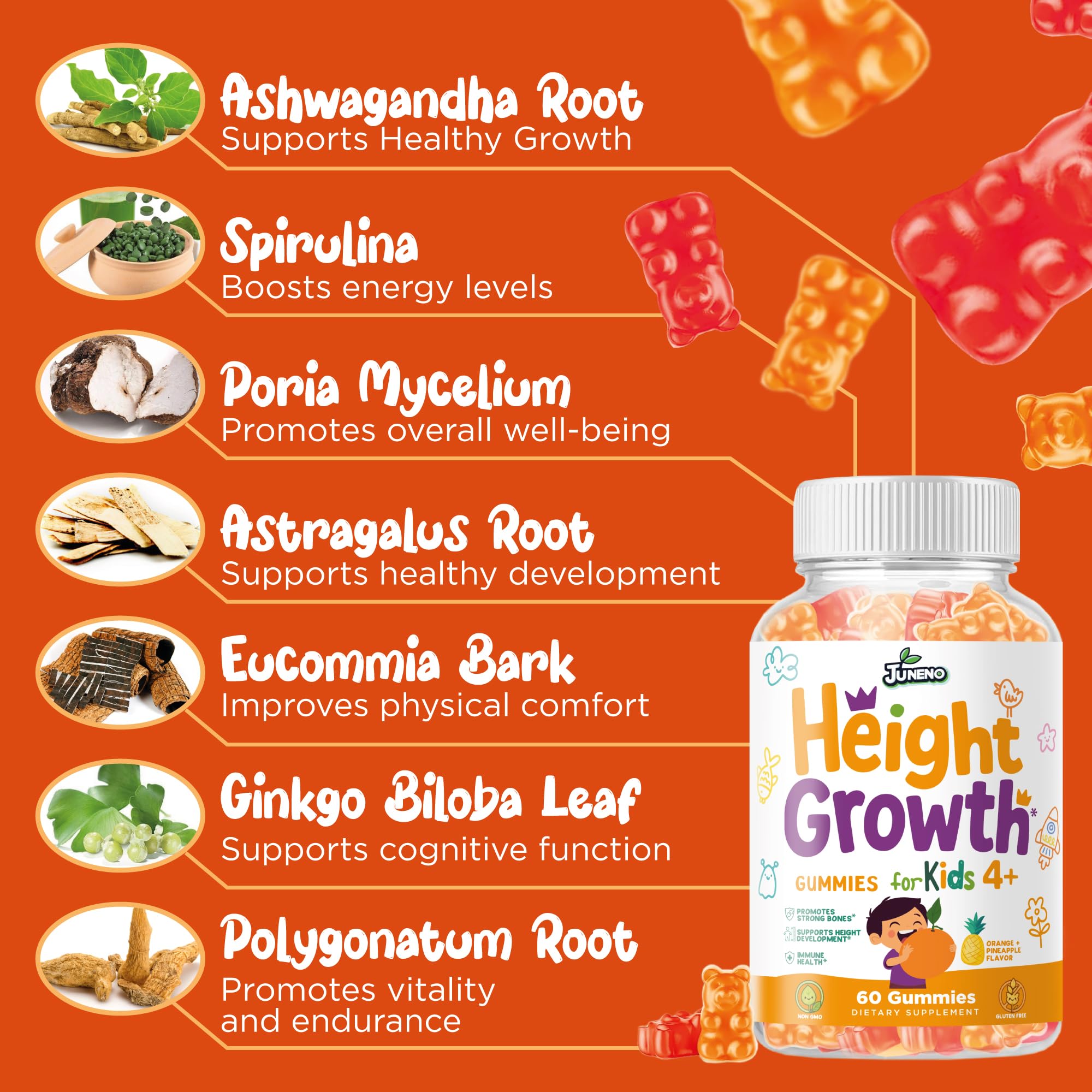 Juneno Height Growth Multivitamin Gummies displayed on a kitchen counter