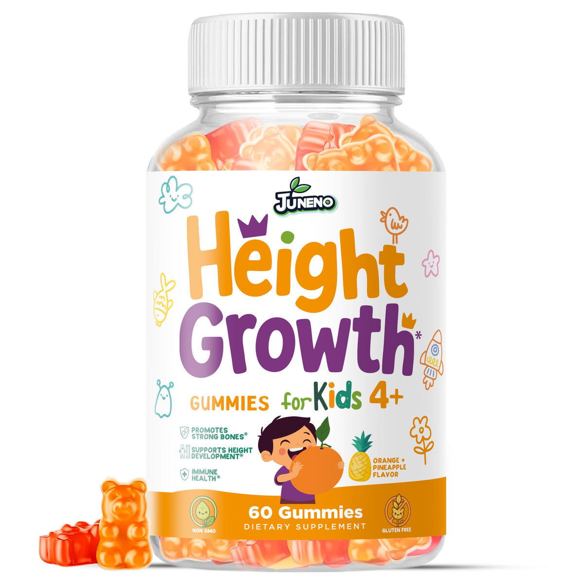 Juneno Height Growth Multivitamin Gummies front view with packaging