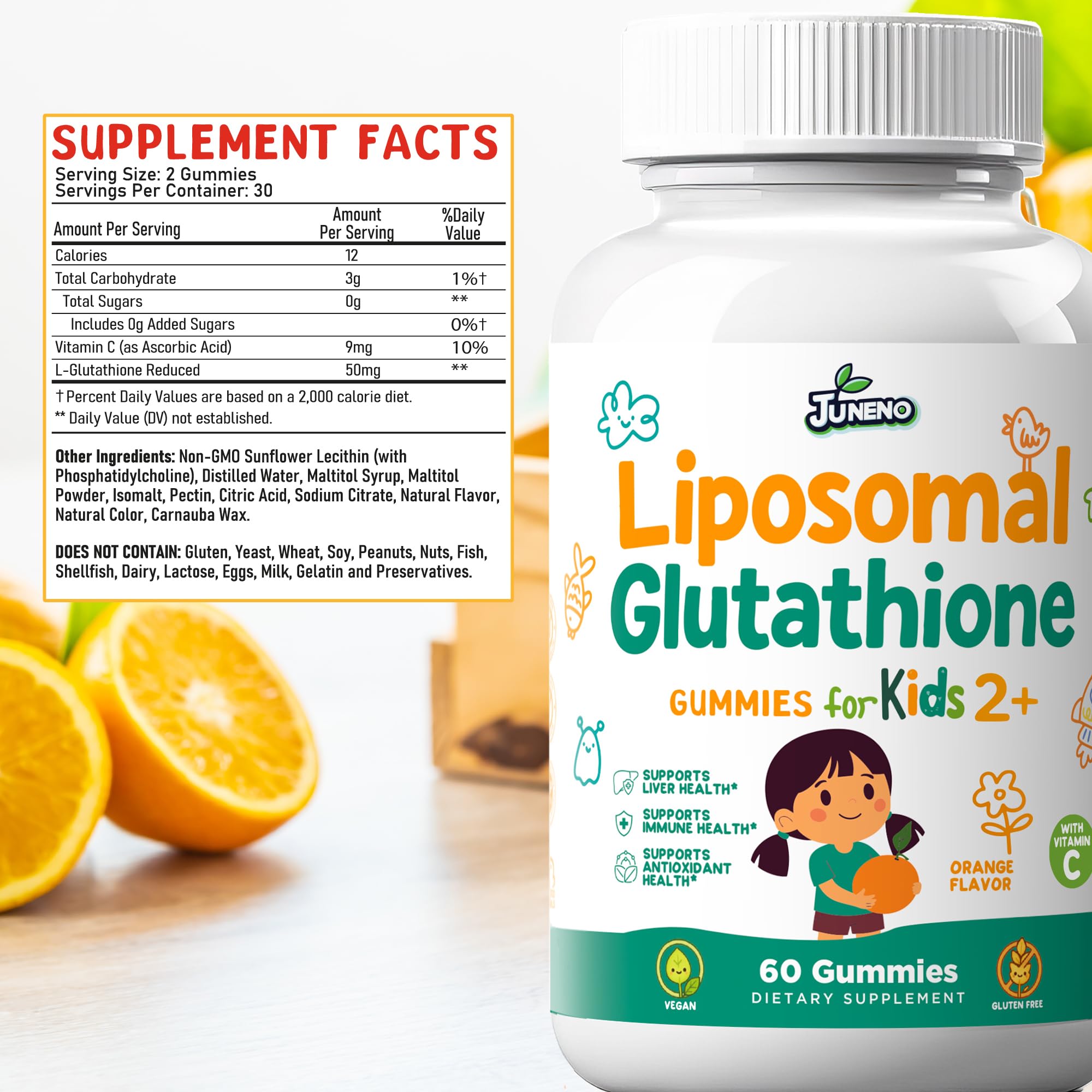 Juneno Liposomal Glutathione Kids Gummies on a wooden table