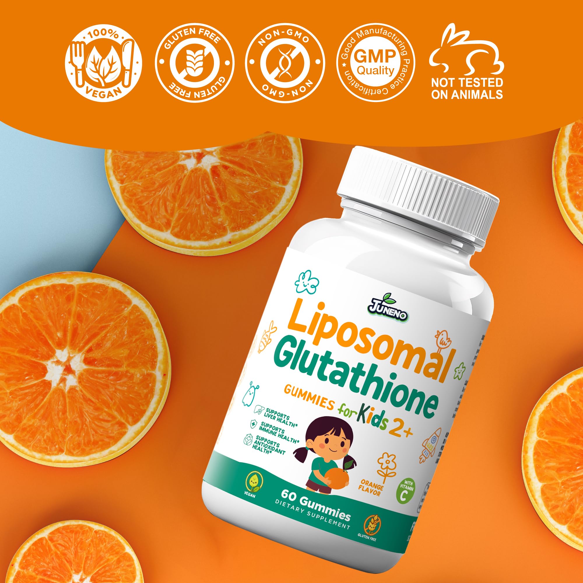 Juneno Liposomal Glutathione Kids Gummies with fresh oranges
