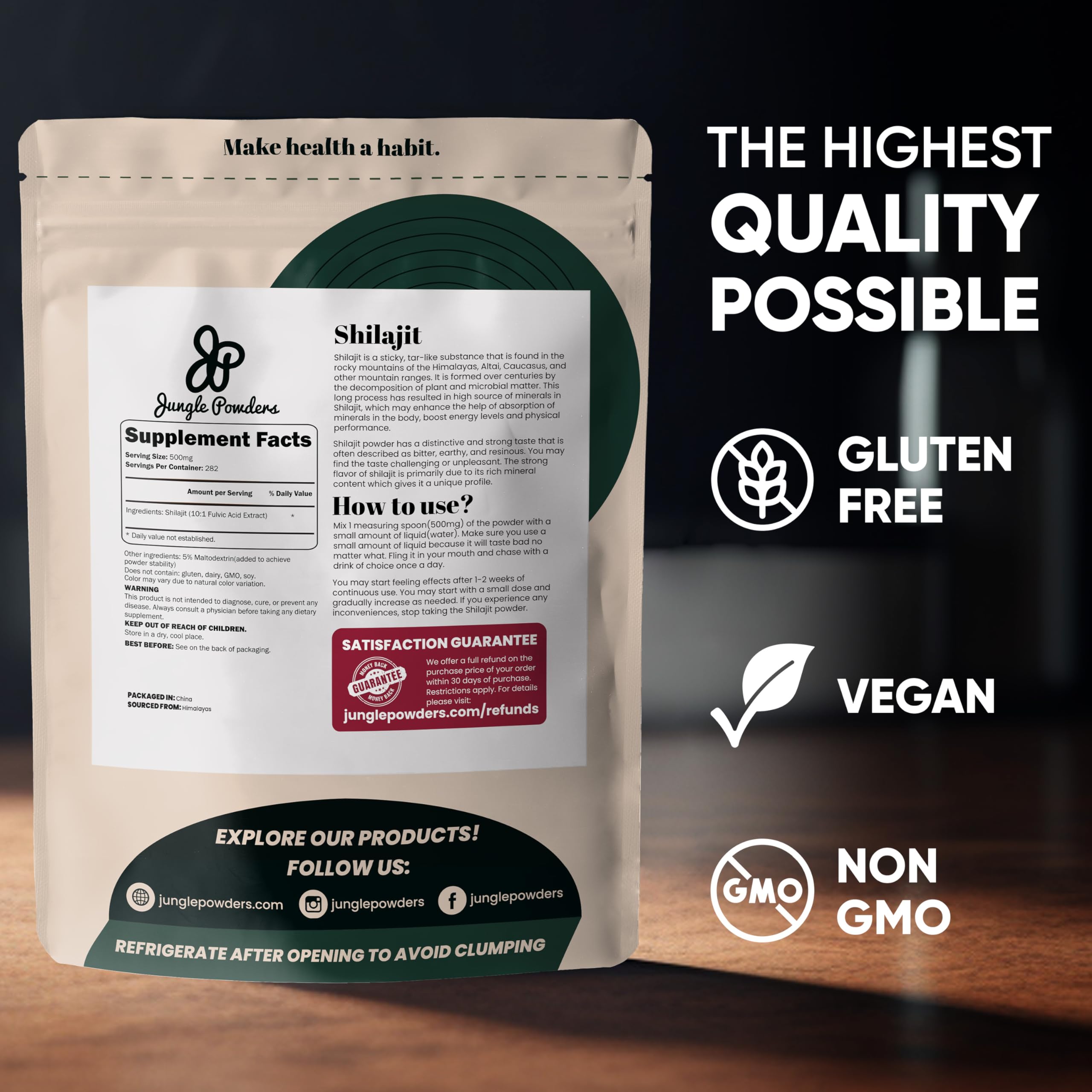 Jungle Powders Shilajit Powder 159g in a glass of water