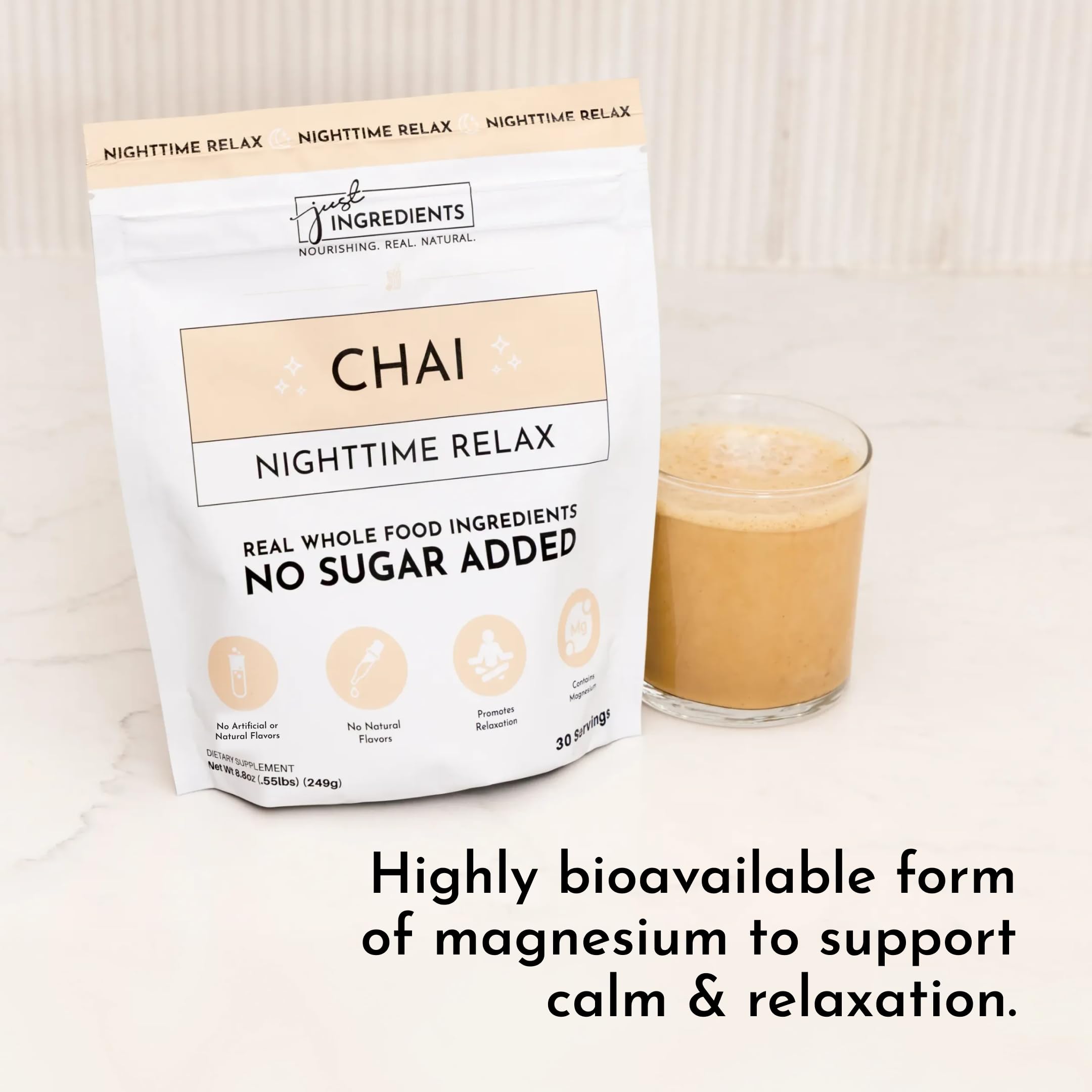 JUST INGREDIENTS Chai Nighttime daily wellness Drink powder in a cup