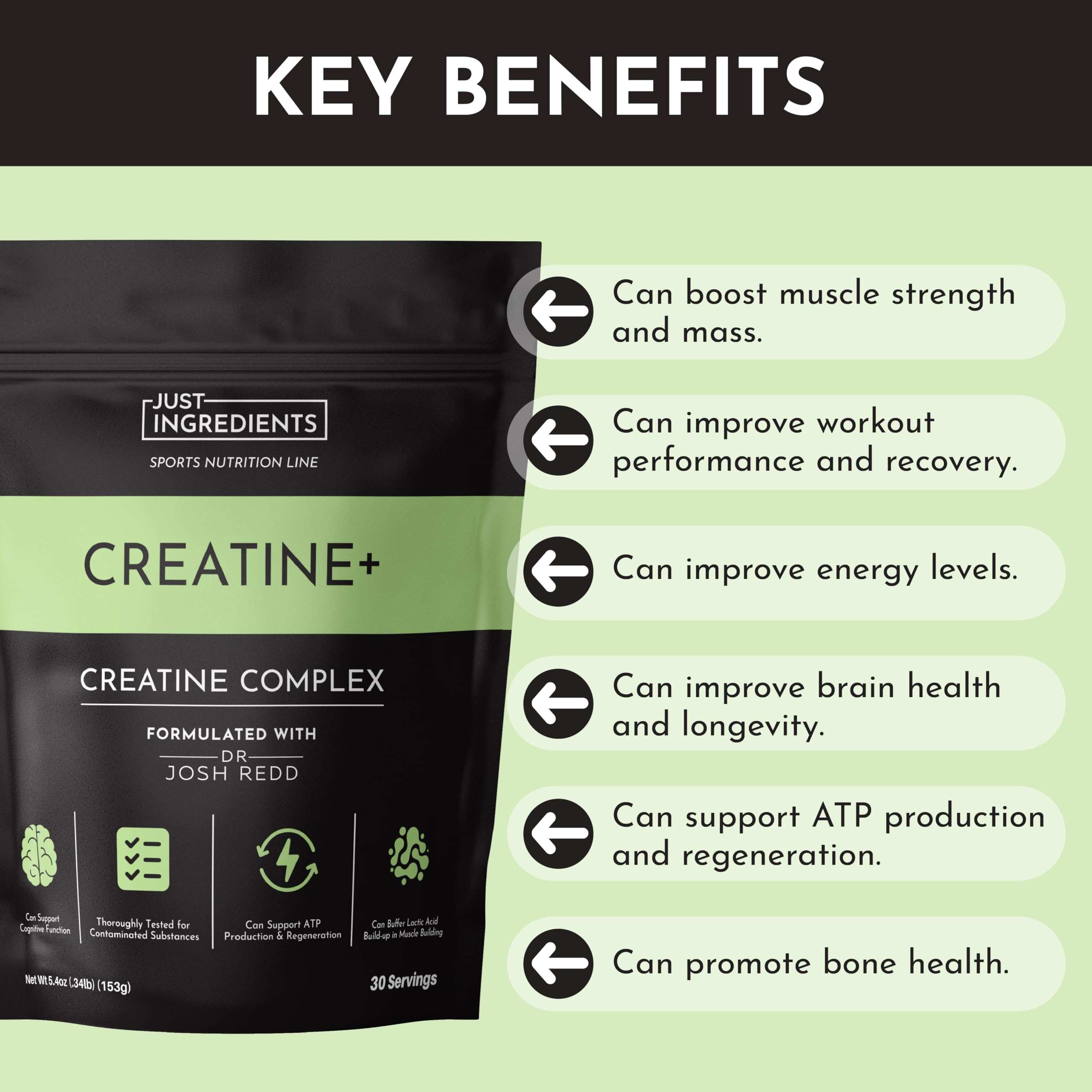 JUST INGREDIENTS Creatine Monohydrate Powder 175g side view