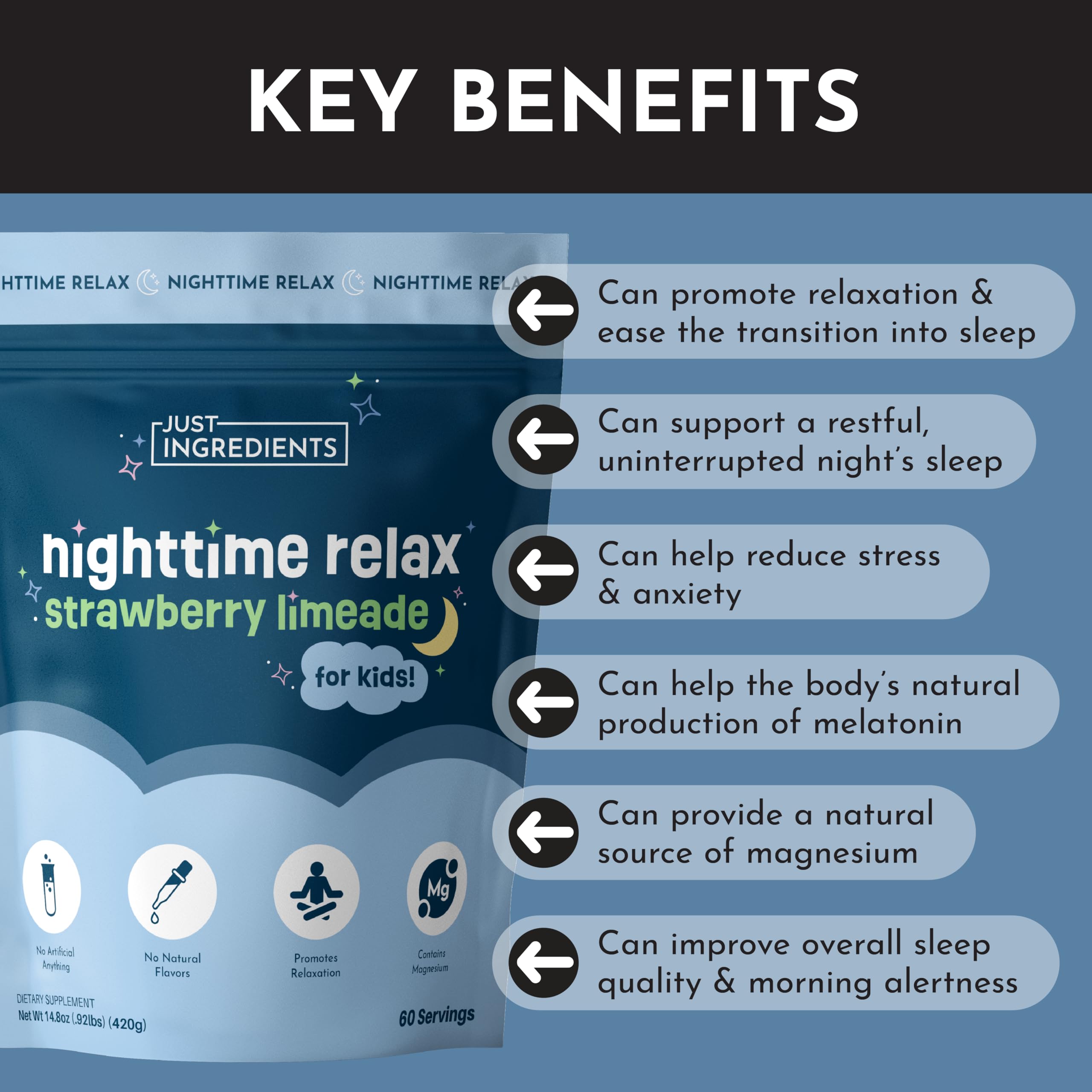 JUST INGREDIENTS Kids Nighttime Drink Mix in a glass