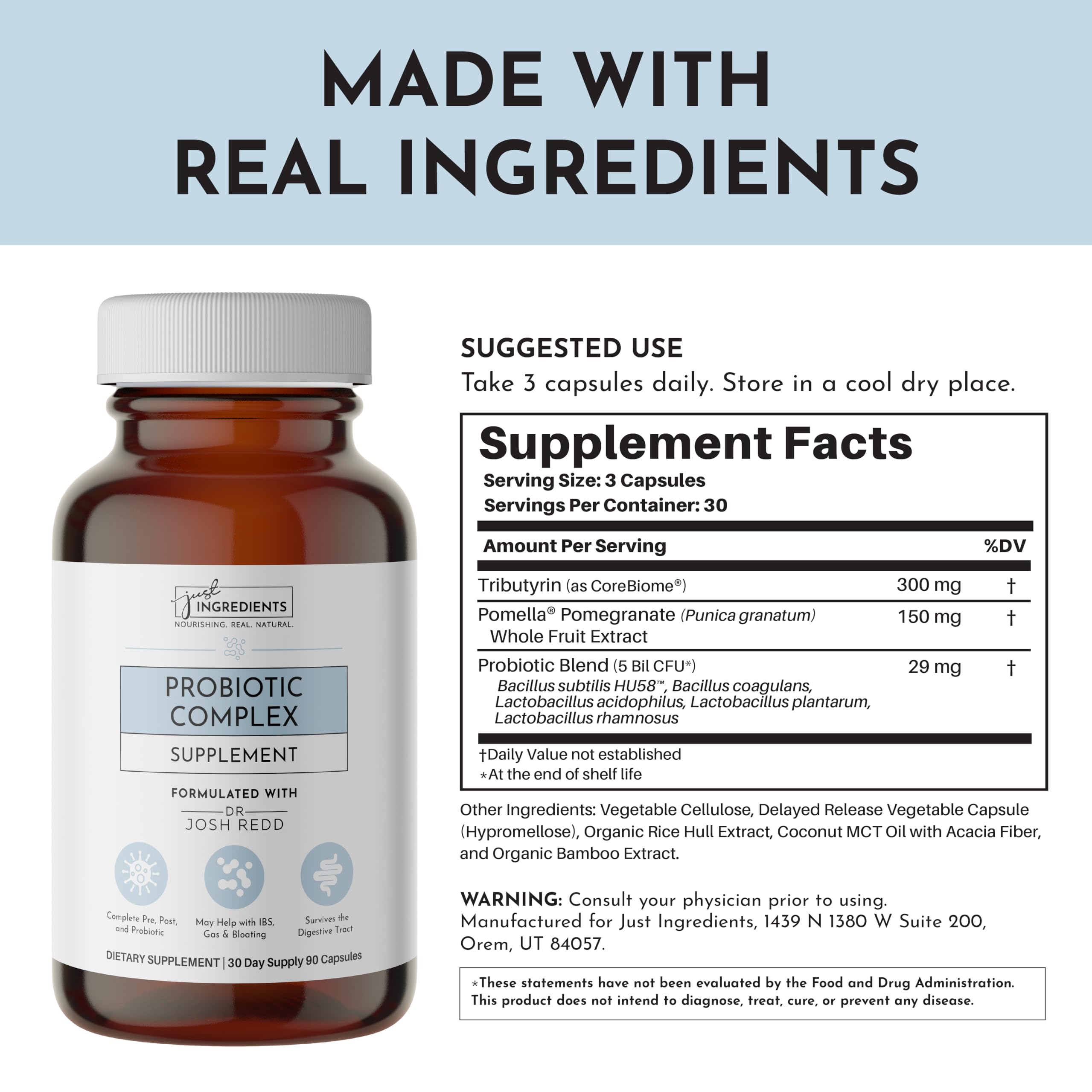 JUST INGREDIENTS Probiotic Supplement side view packaging