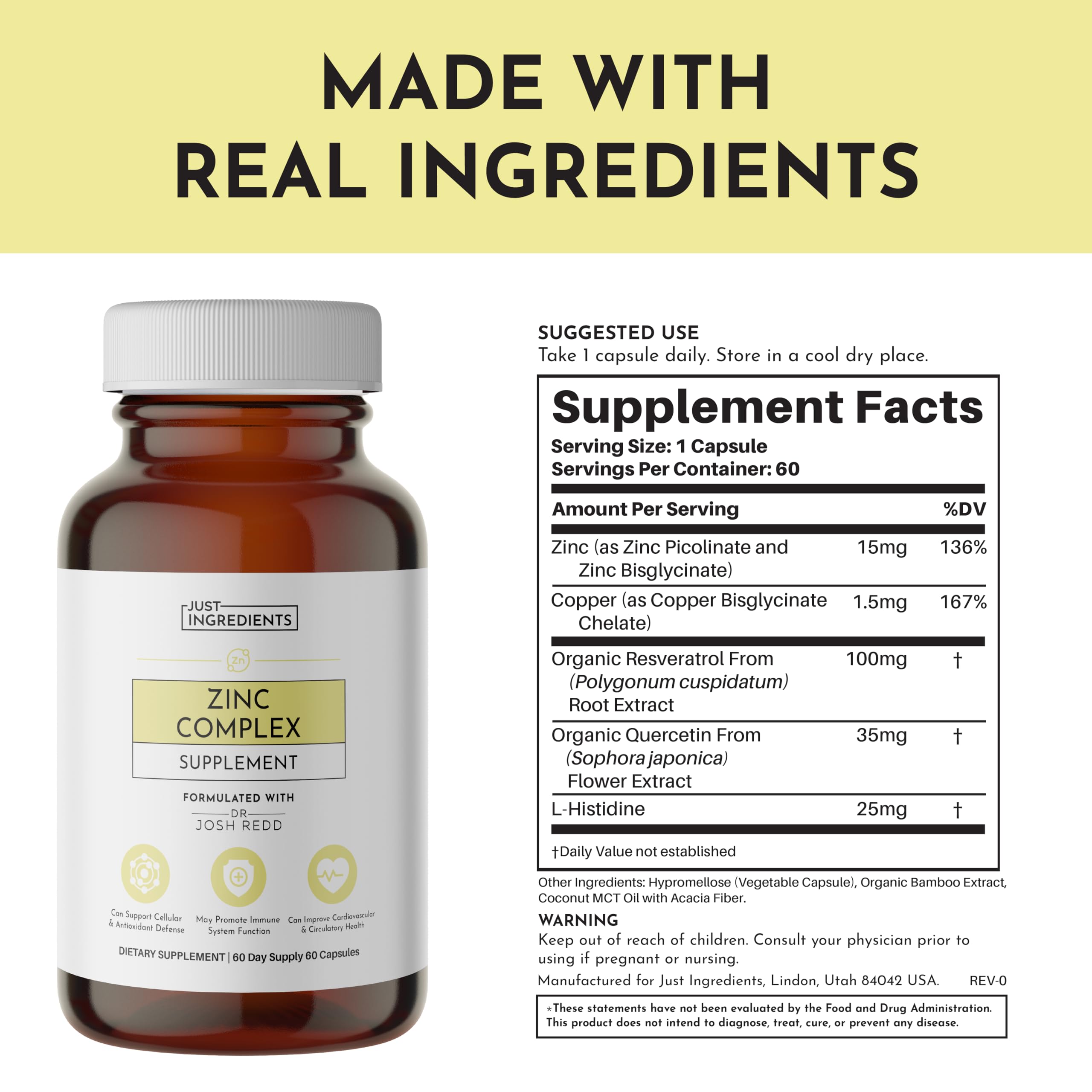 JUST INGREDIENTS Zinc Supplement capsules in a bottle