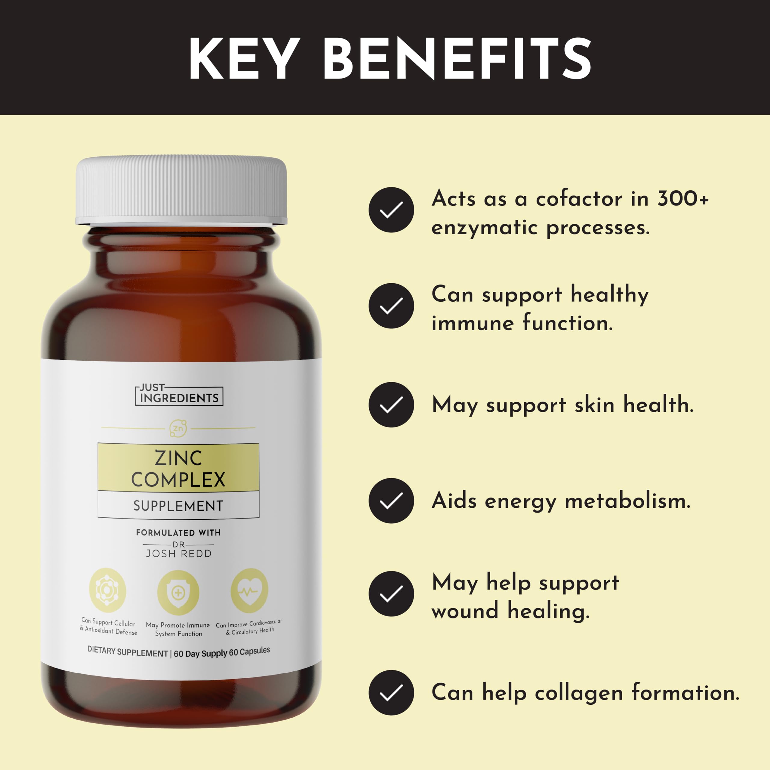 JUST INGREDIENTS Zinc Supplement side view showing ingredients