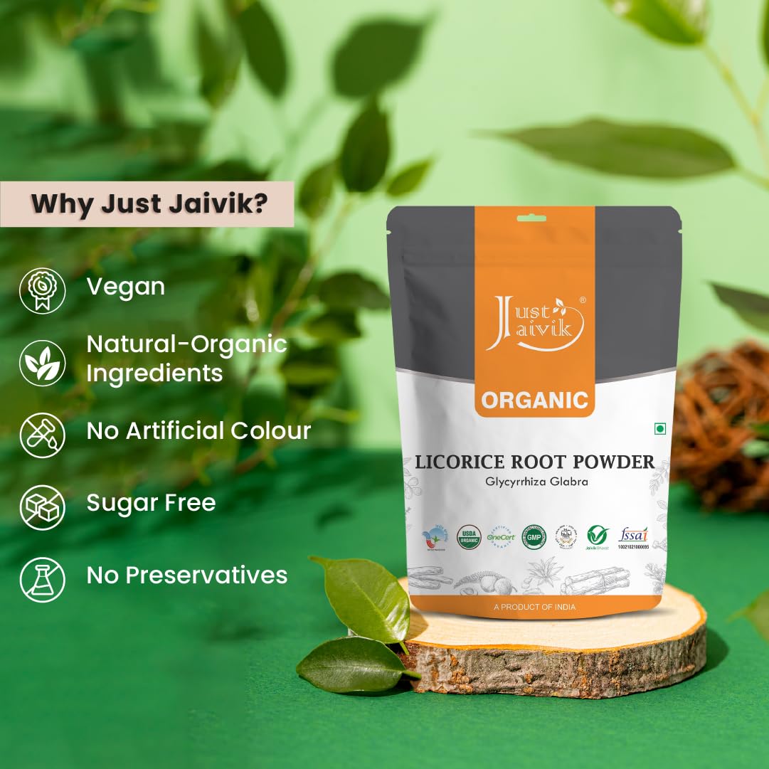 Just Jaivik Licorice Root Powder 227g close-up of powder