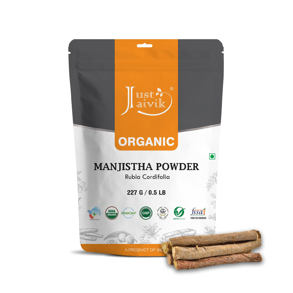 Just Jaivik Manjistha Powder 227g front view packaging