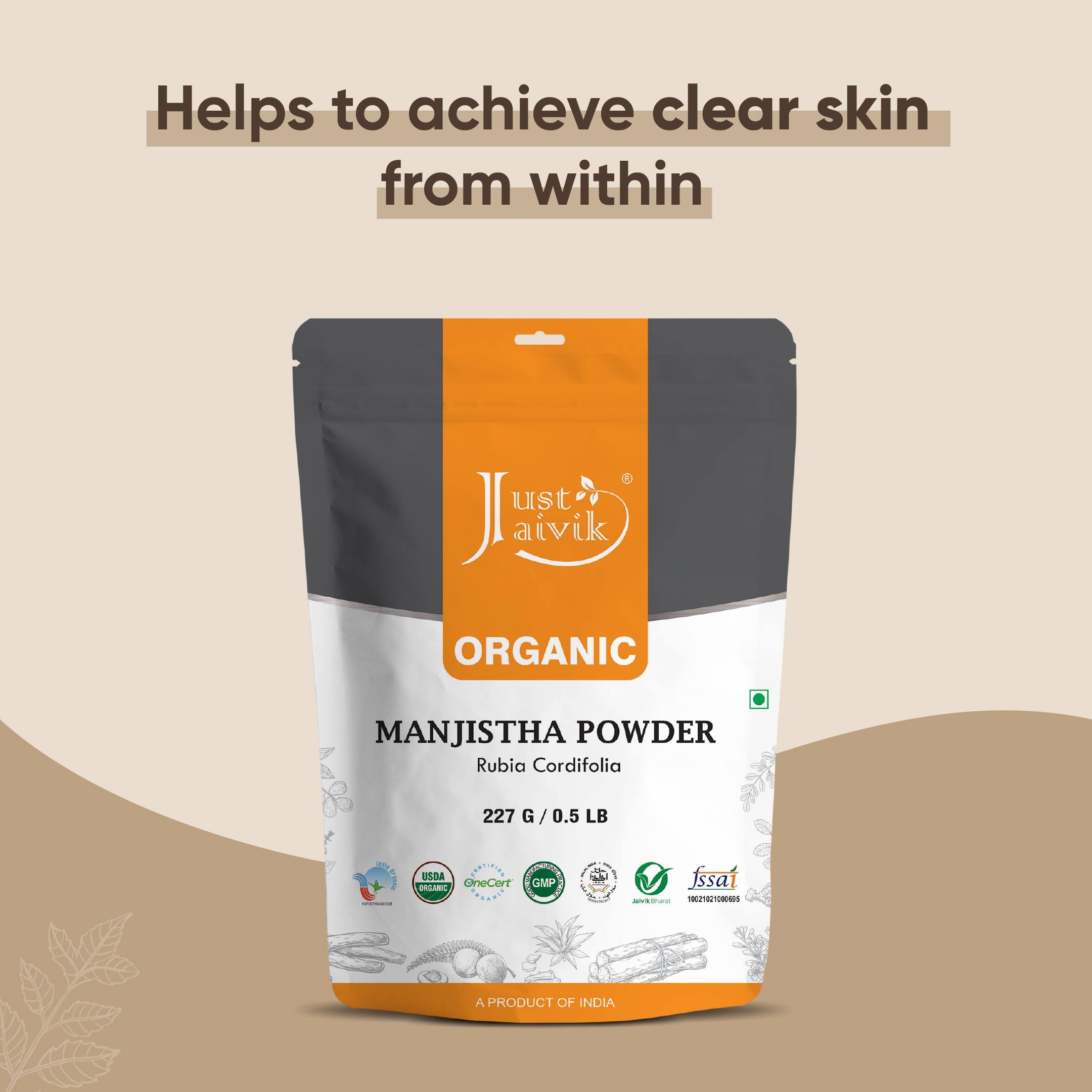 Just Jaivik Manjistha Powder 227g with organic certification label