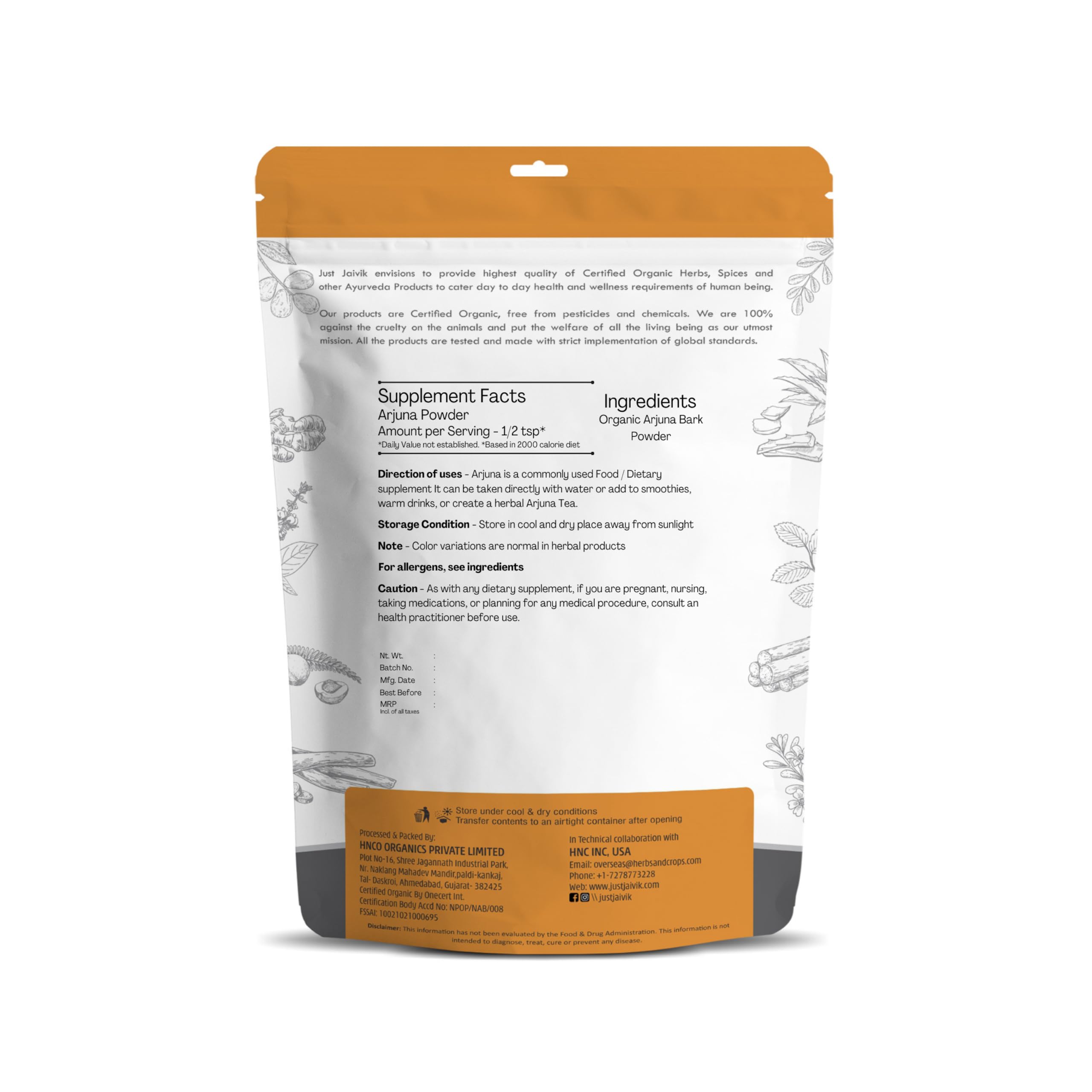 Just Jaivik Organic Arjuna Bark Powder back view with nutritional information