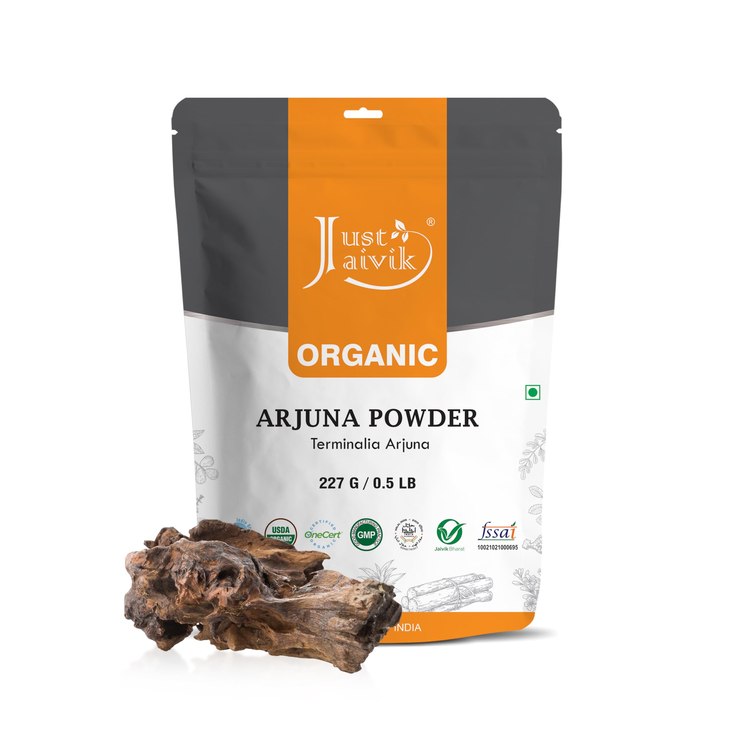 Just Jaivik Organic Arjuna Bark Powder front view packaging