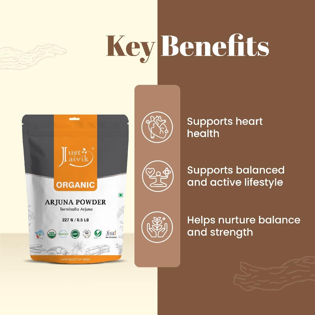 Just Jaivik Organic Arjuna Bark Powder in a bowl with a spoon