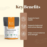 Just Jaivik Organic Arjuna Bark Powder in a bowl with a spoon