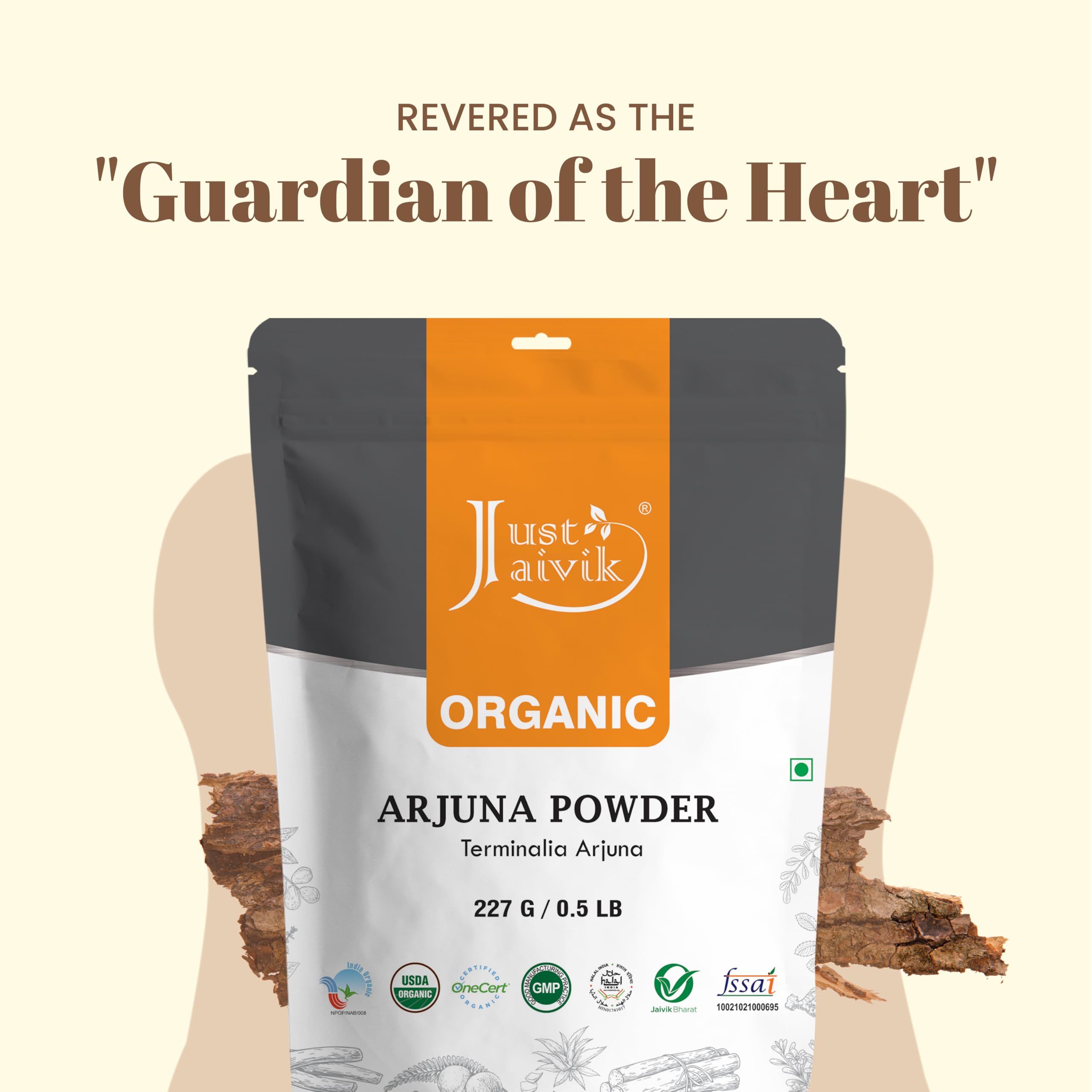 Just Jaivik Organic Arjuna Bark Powder side view showing product details