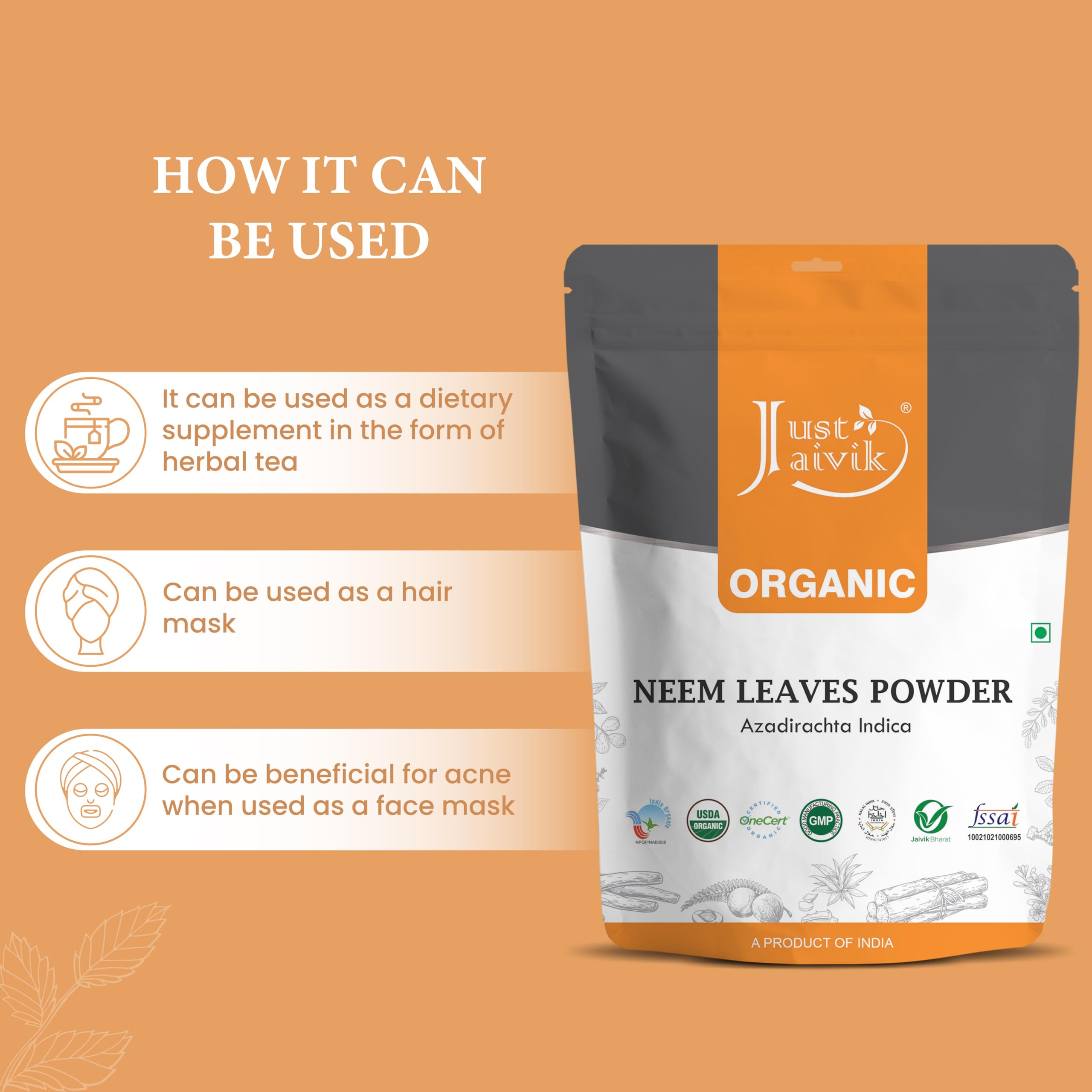 Just Jaivik Organic Neem Leaves Powder lifestyle scene with herbal ingredients