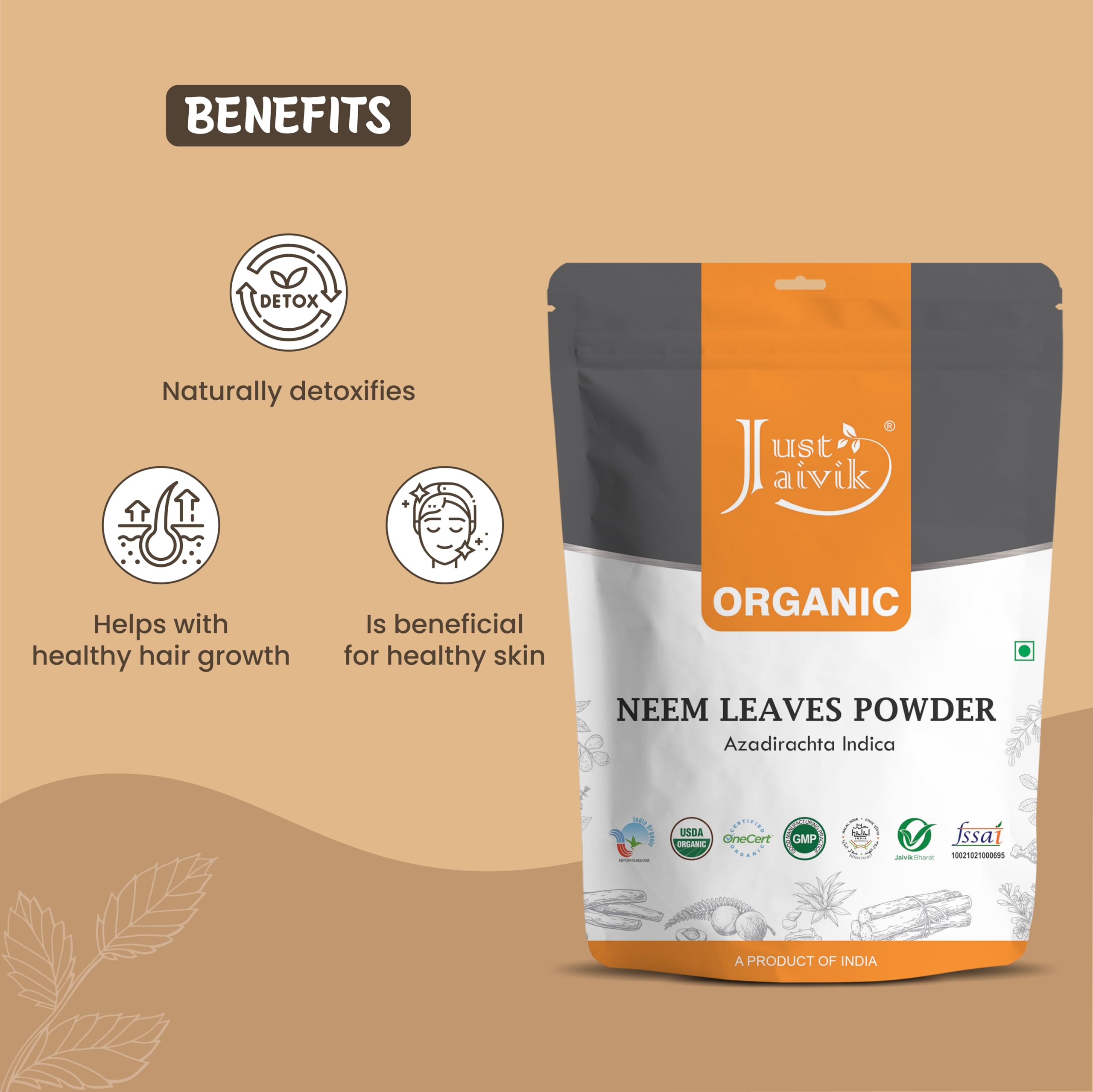 Just Jaivik Organic Neem Leaves Powder on a wooden surface