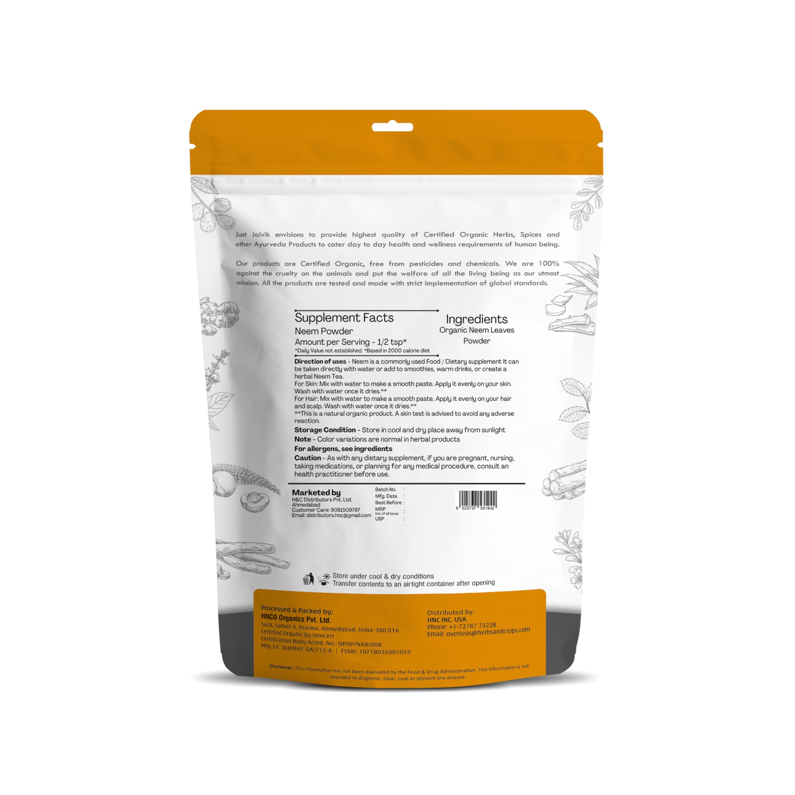 Just Jaivik Organic Neem Leaves Powder packaging